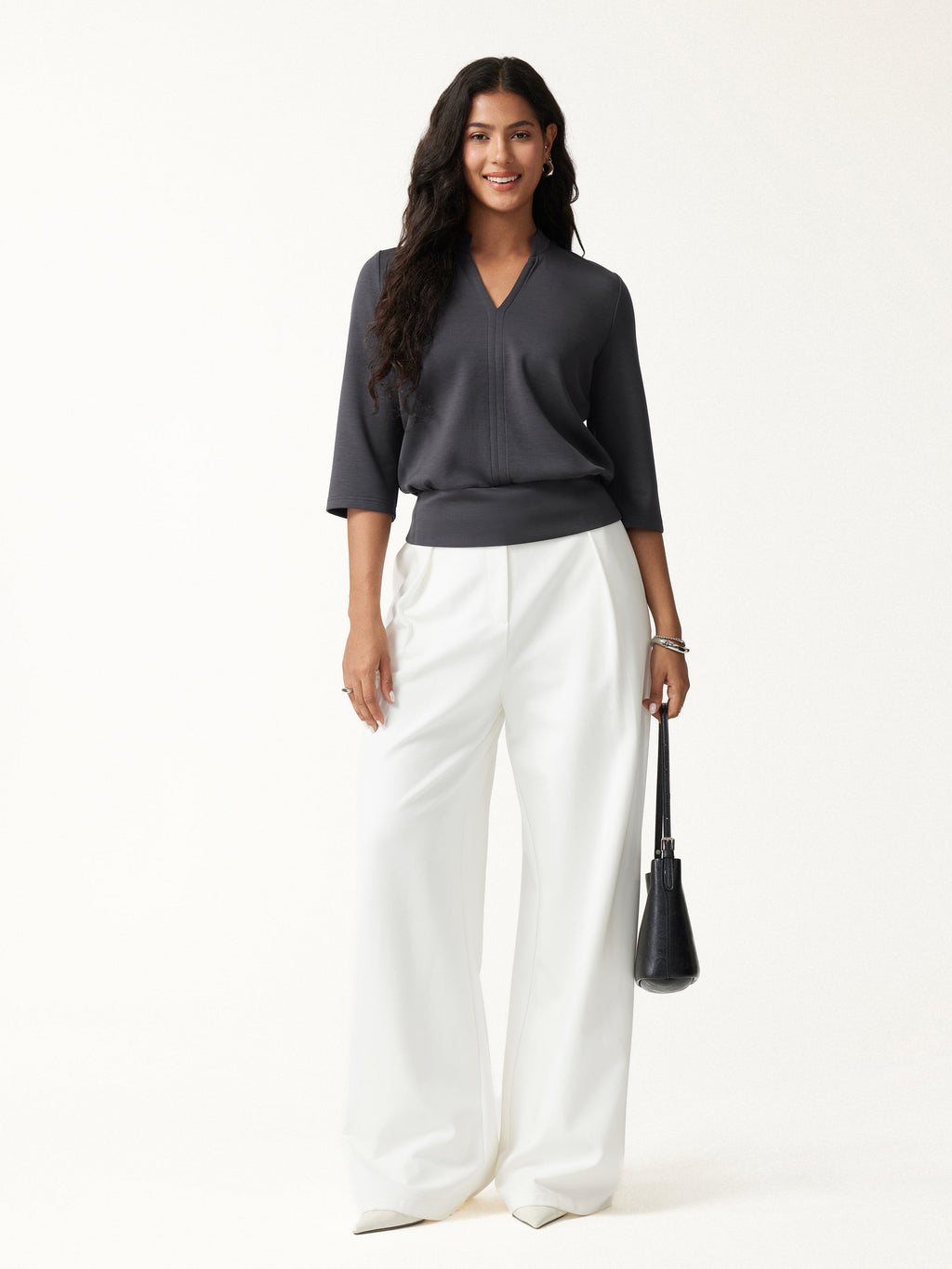 OGLmove Women's Lyocell Spacer Knit V-Neck Elbow Sleeve Banded Top