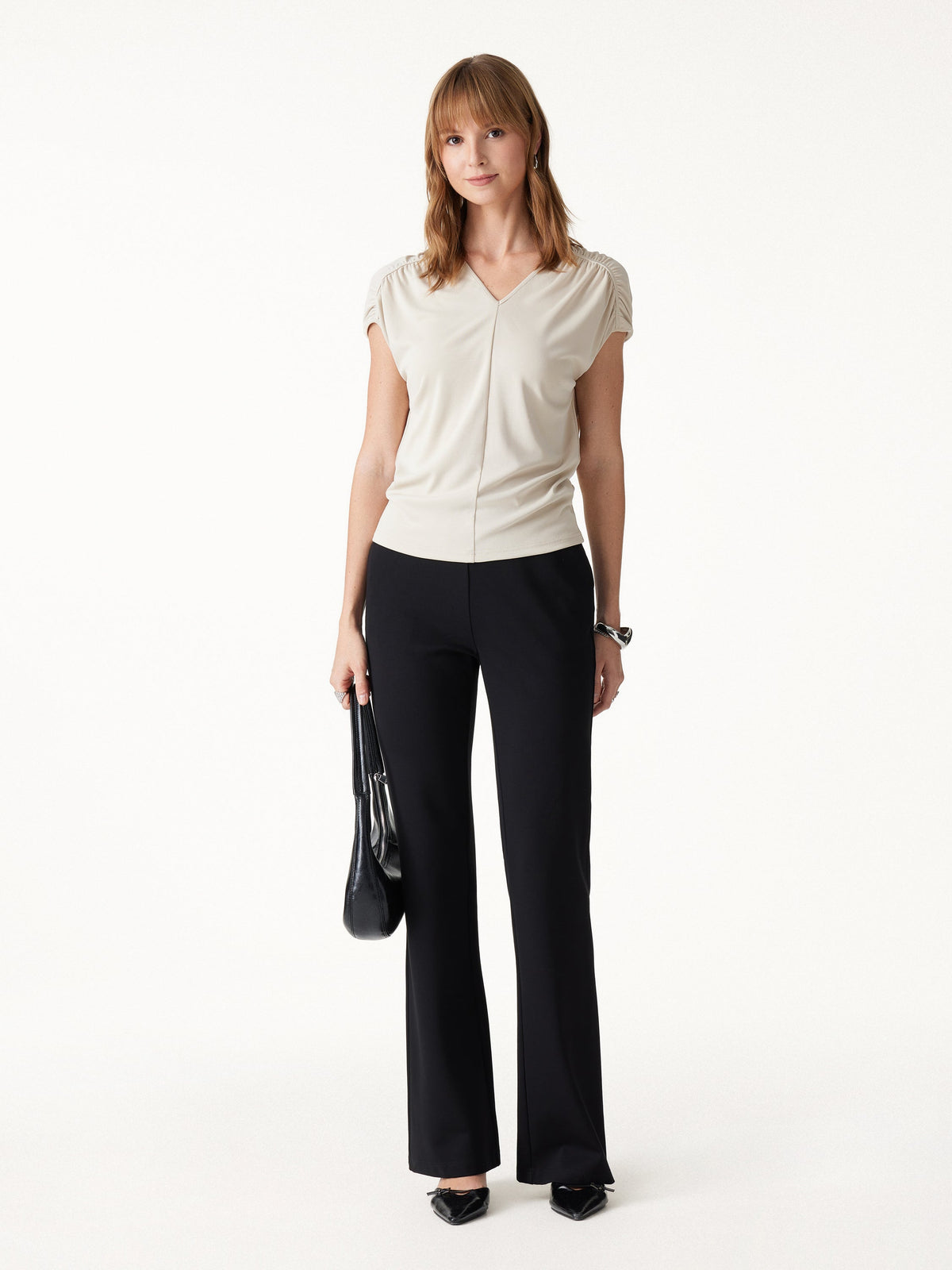 OGLmove Women's Sandwashed Modal Relaxed V-Neck Gathered Shoulder Top
