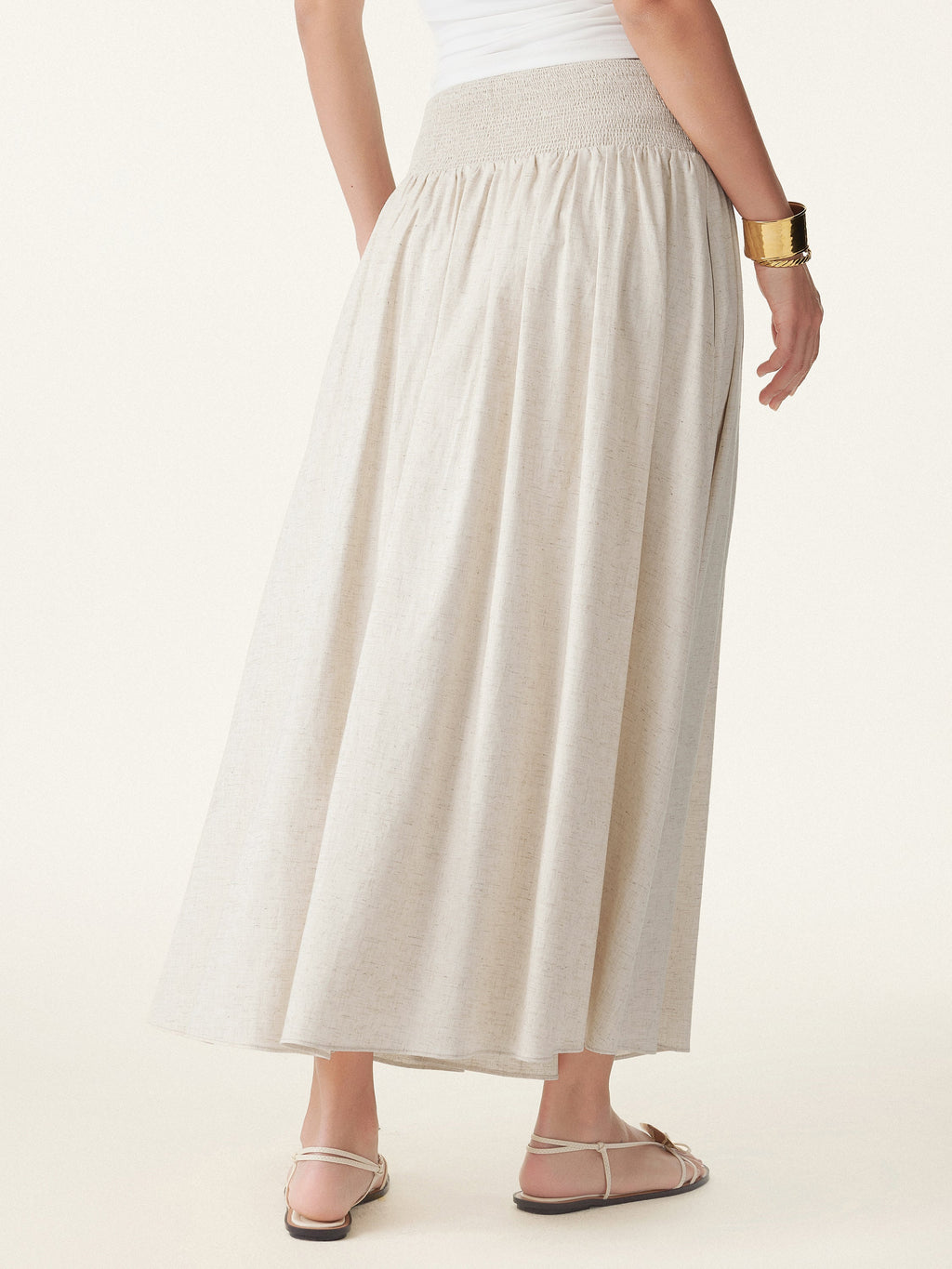 OGLmove Women's European Linen Smocked Waist Midi Skirt with Pockets