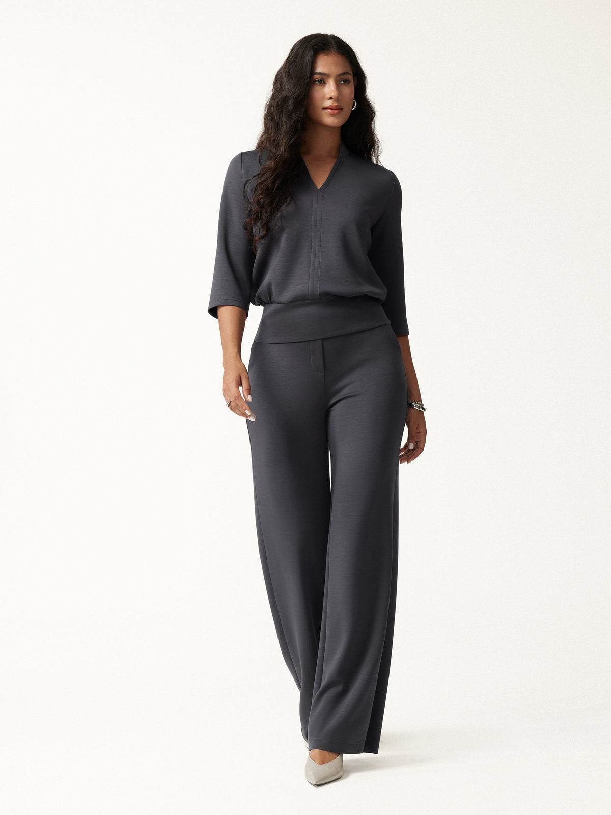 OGLmove Women's V-Neck Elbow Sleeve Top & High-Rise Wide Leg Pants Set with Pockets