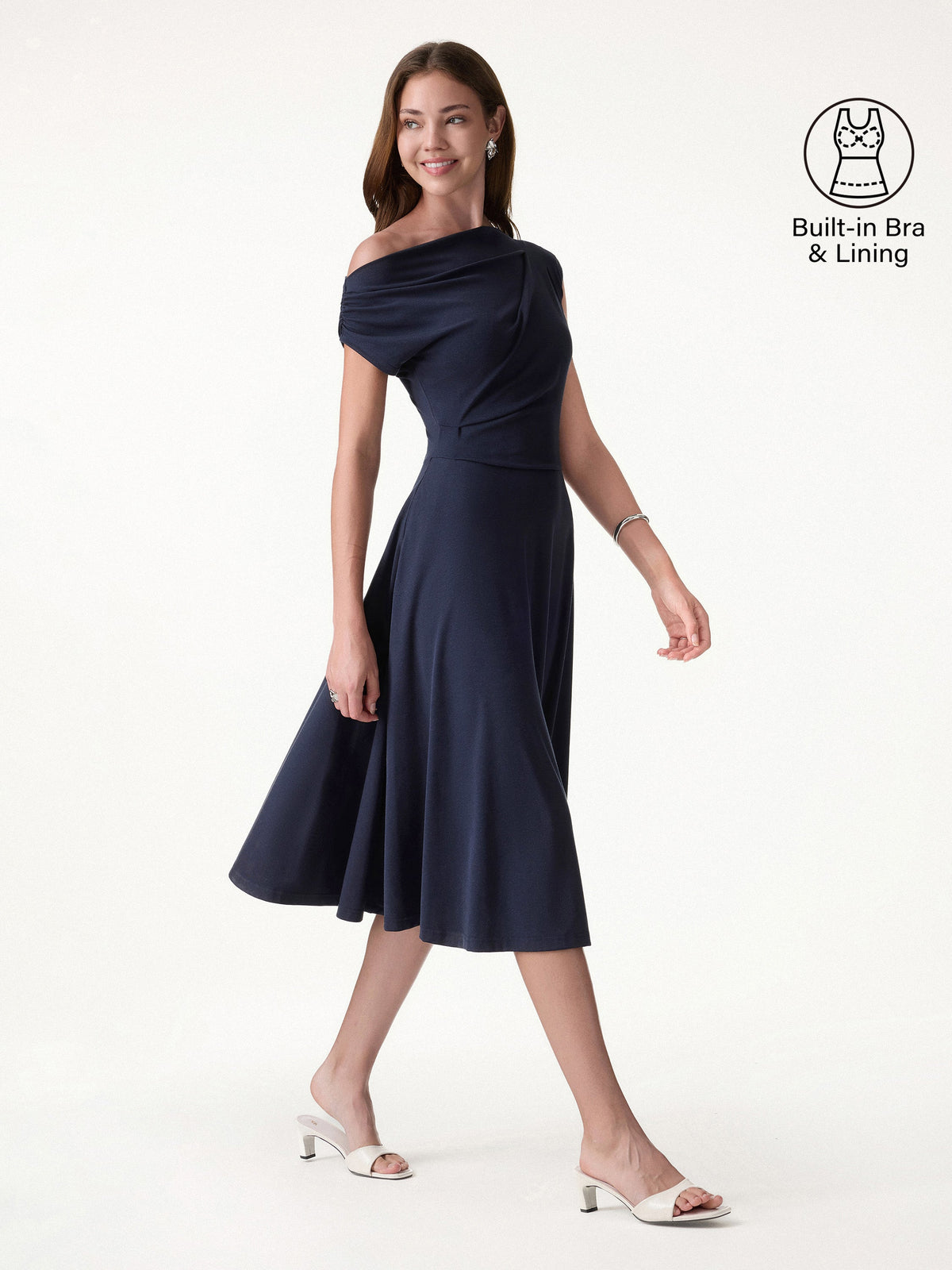 OGLmove Women's Asymmetrical Shoulder Tucked Midi Bra Dress with Pockets