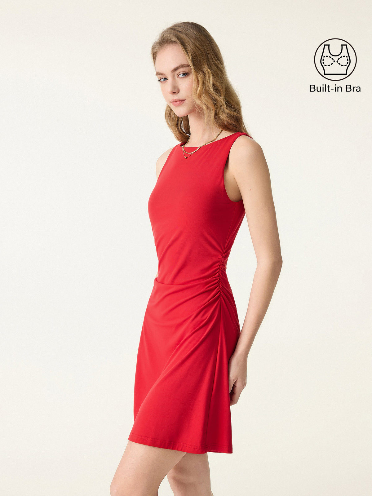 OGLmove Women's SkinKiss Boatneck Ruched A-Line Mini Bra Dress