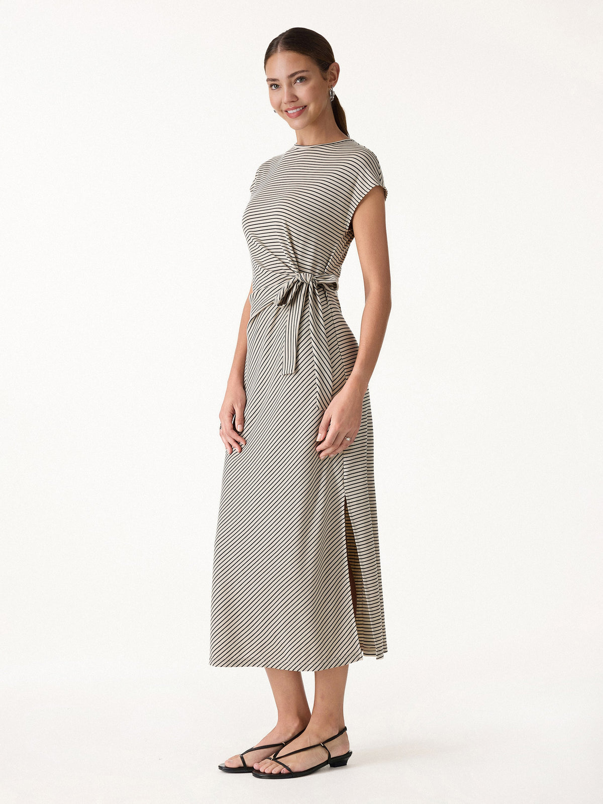 OGLmove Women's Striped Relaxed Midi Dress with Self-Tie