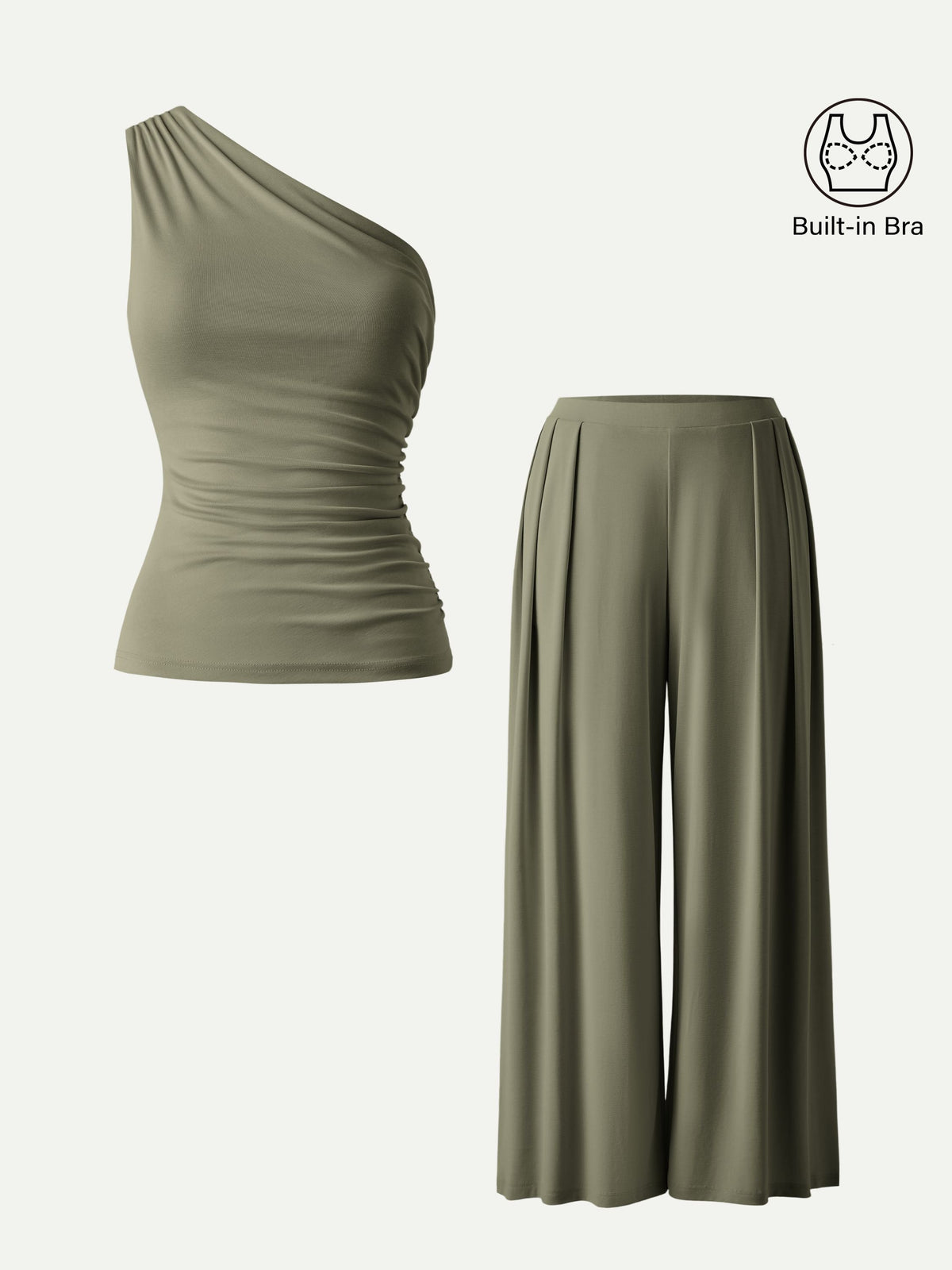 OGLmove Women's Regular Wide Leg Palazzo Pant with Pockets & Ruched Bra Tank Set