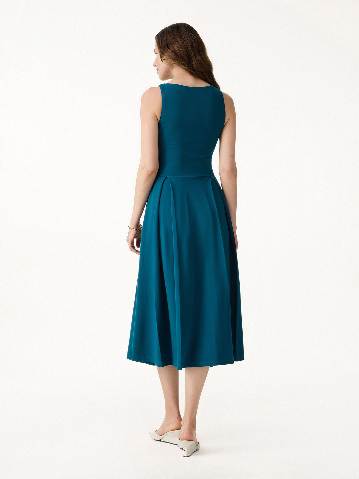 OGLmove Women's Boatneck Pleated Fit-and-Flare Midi Bra Dress with Pockets
