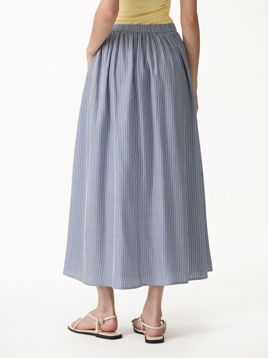 OGLmove Women's Striped Poplin High Rise Umbrella Midi Skirt with Pockets