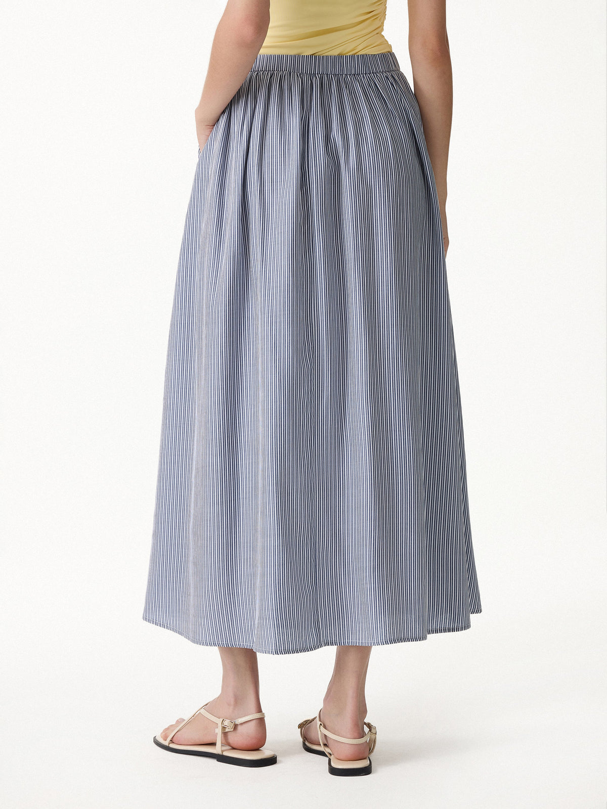 OGLmove Women's Striped Poplin High Rise Umbrella Midi Skirt with Pockets
