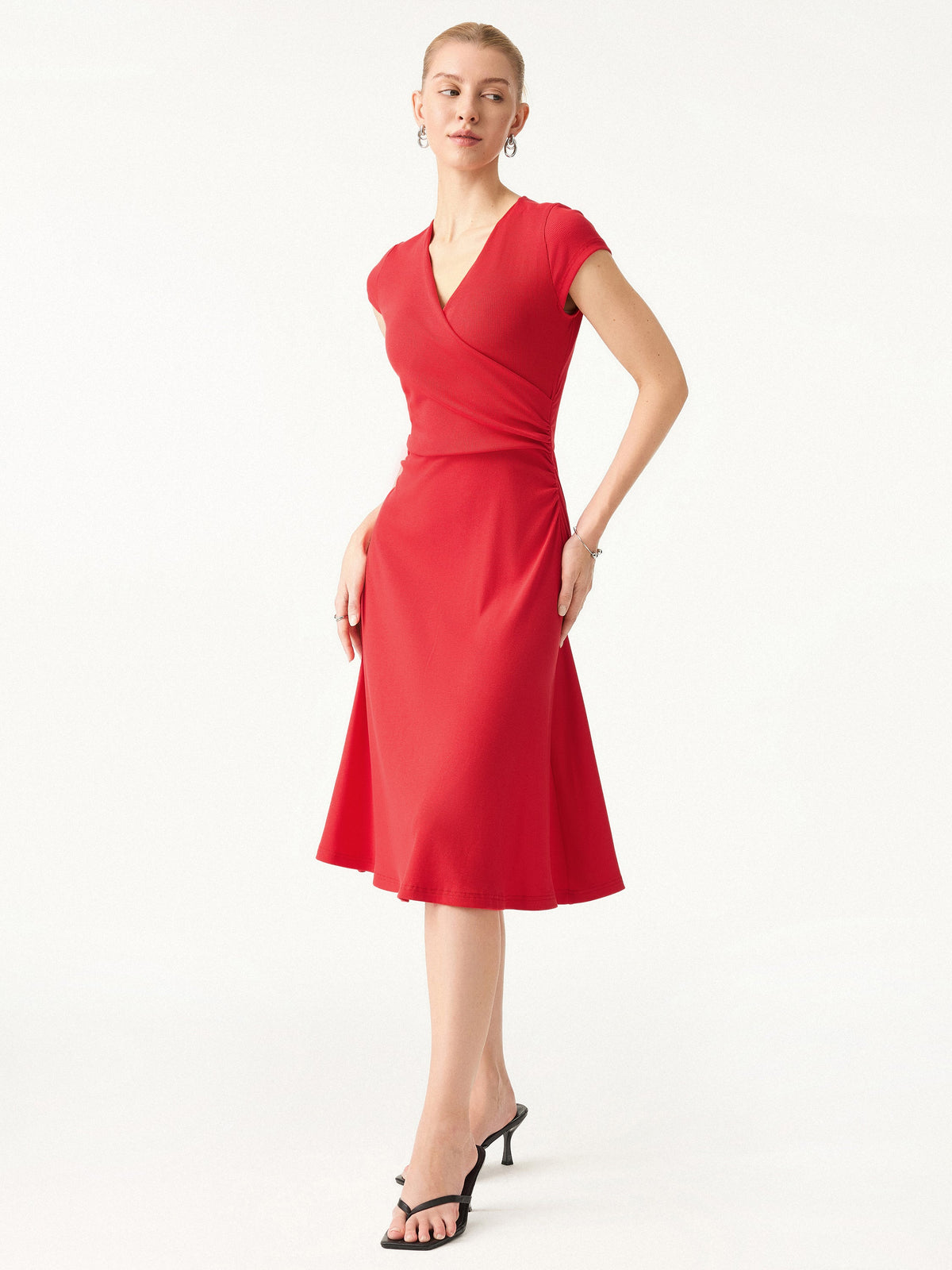 OGLmove Women's Stretch Cotton Surplice V-Neck Cap Sleeve Midi Dress