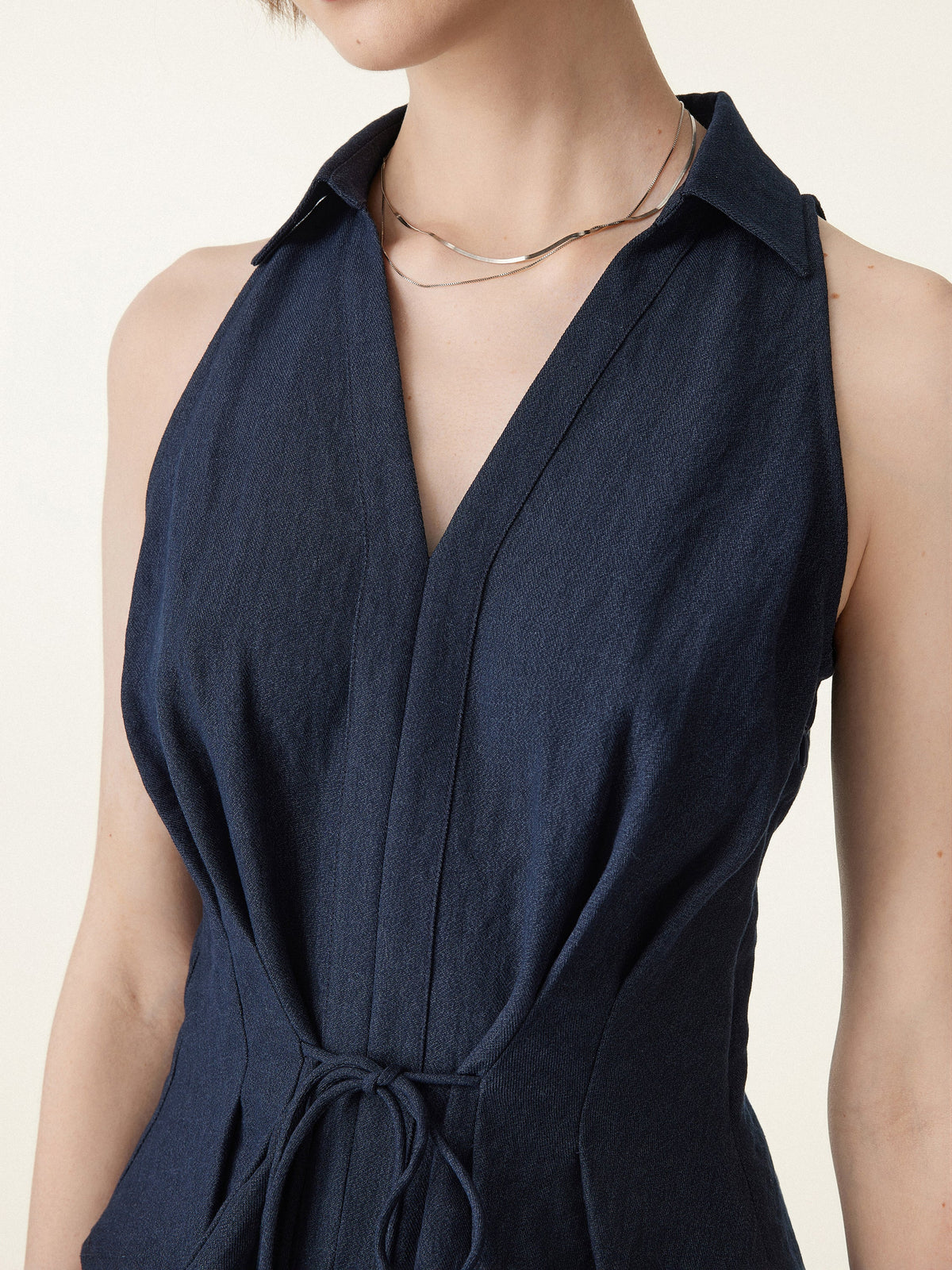 OGLmove Women's Collared V-Neck Pleated Sleeveless Top with Drawstring