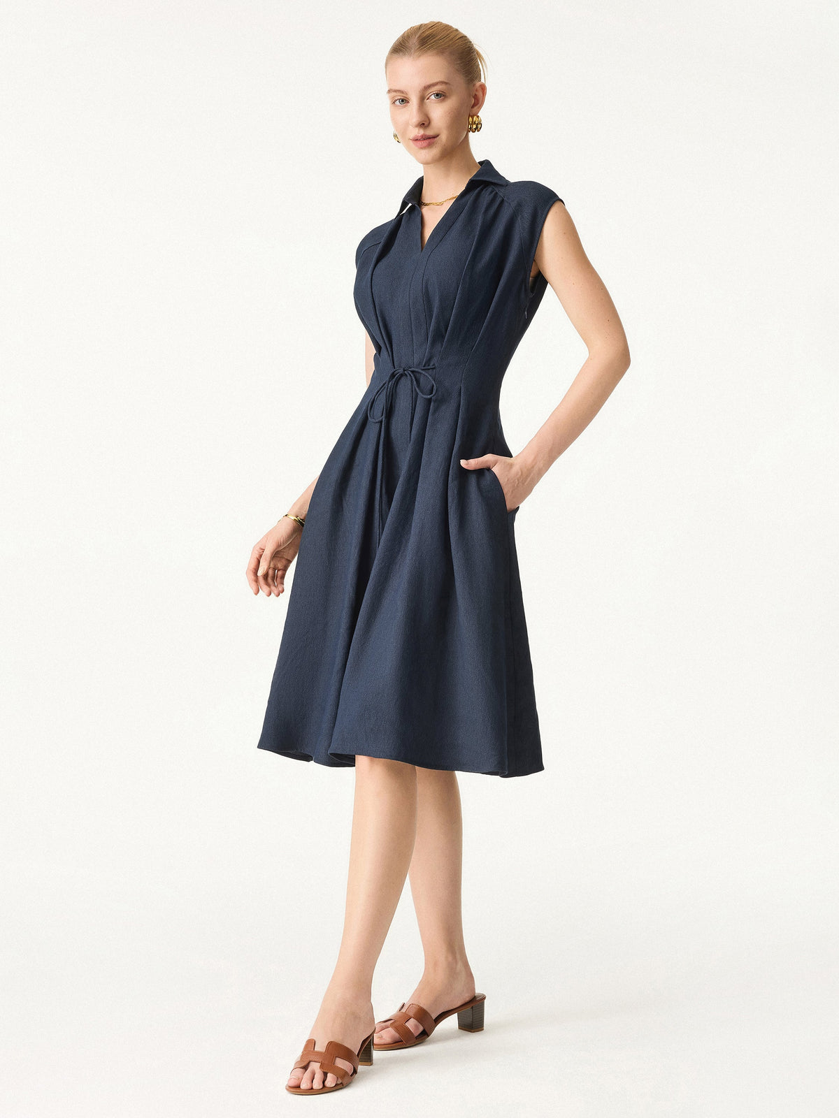 OGLmove Women's Viscose-Linen Collared V-Neck Midi Dress with Drawstring