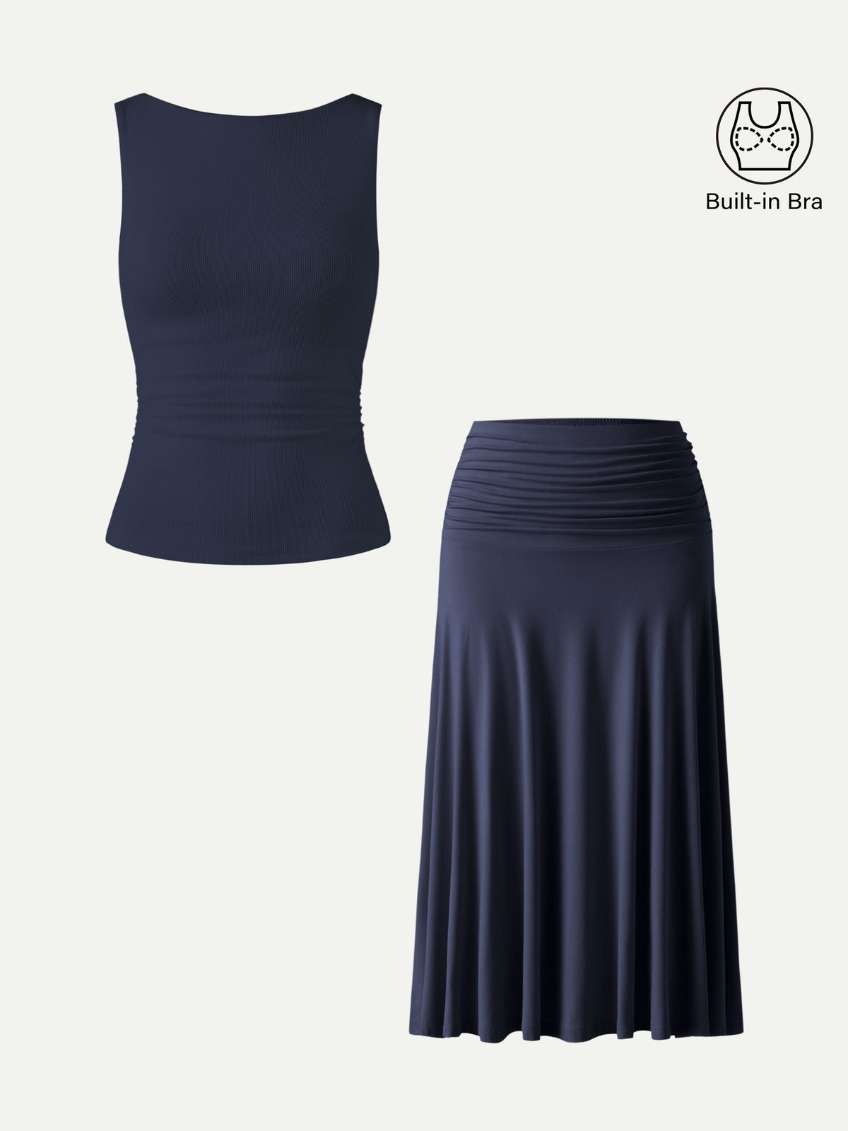 OGLmove Women's Open Back Bra Tank & Side Ruched A-line Midi Skirt Set