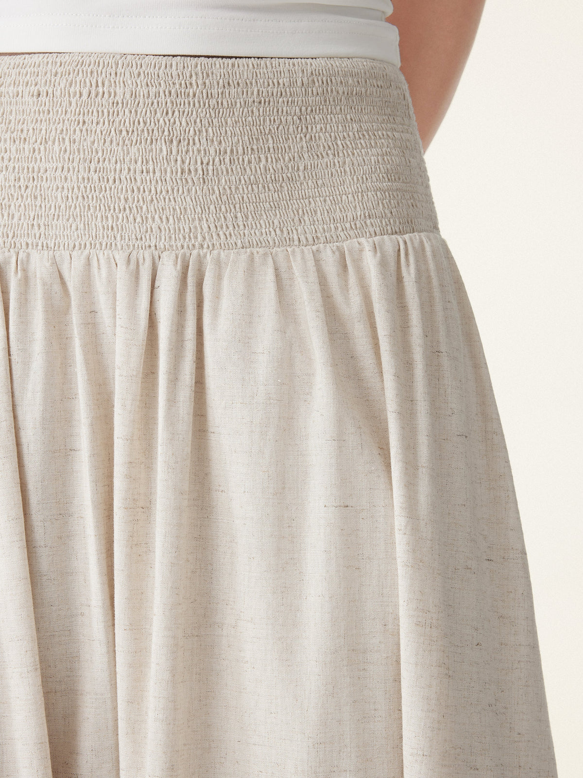 OGLmove Women's European Linen Smocked Waist Midi Skirt with Pockets