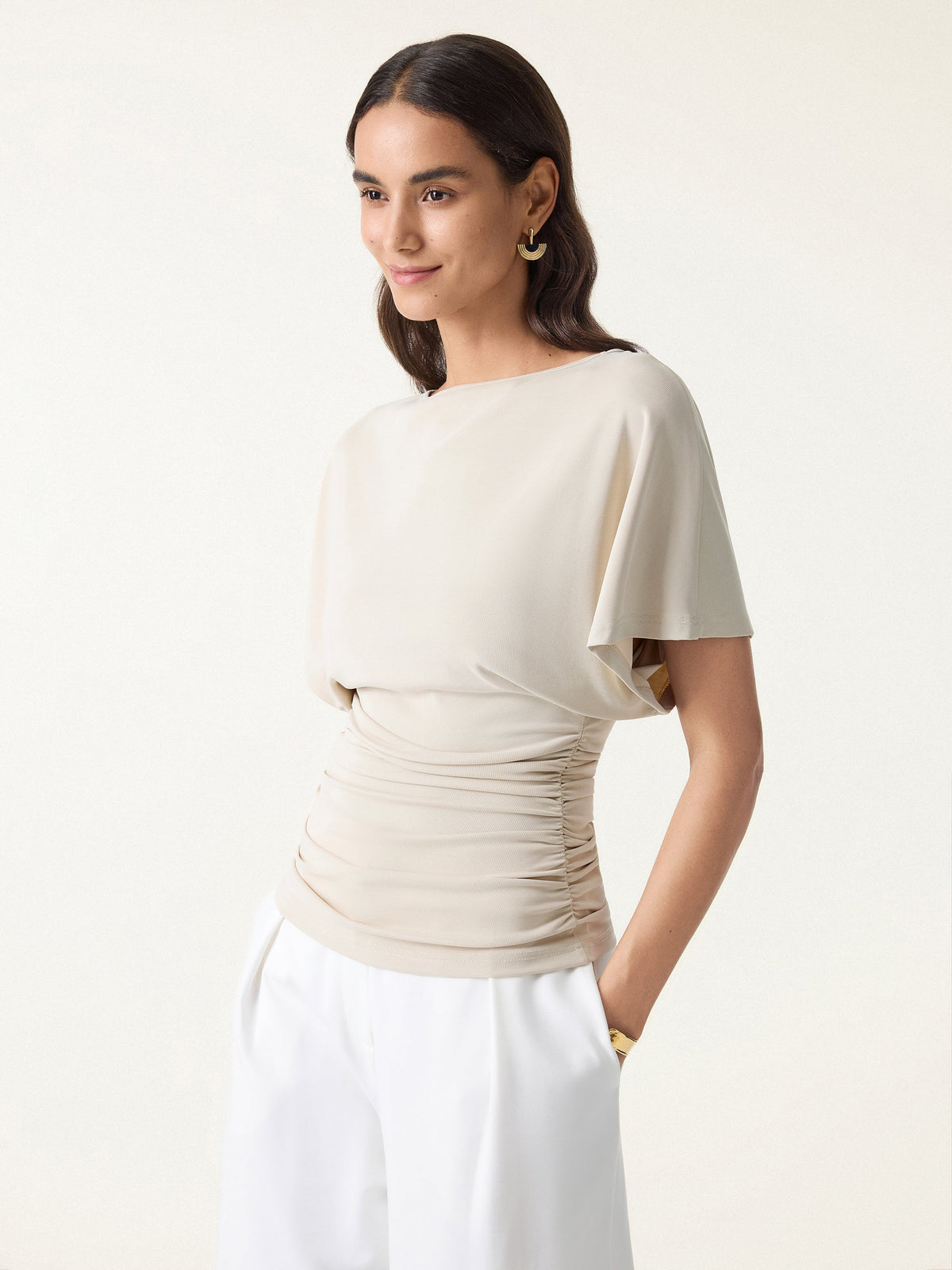 OGLmove Women's Effortless Boatneck Batwing Sleeve Side Ruched Top