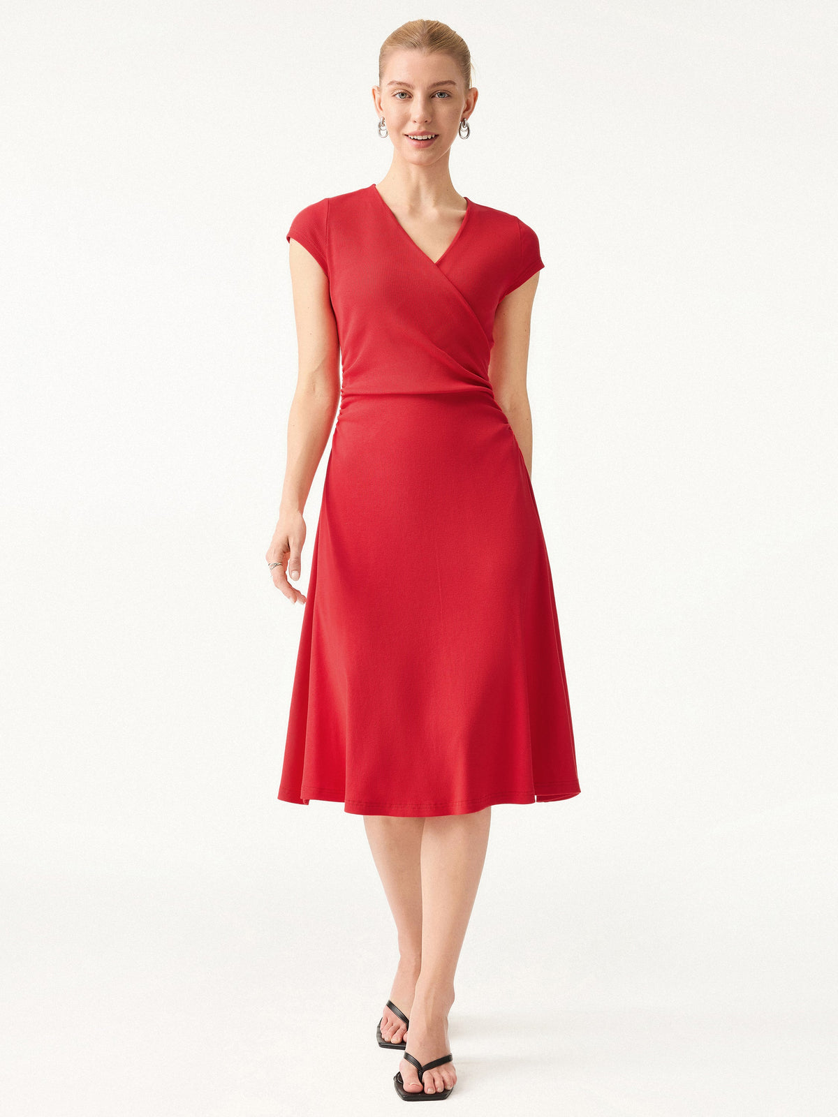 OGLmove Women's Stretch Cotton Surplice V-Neck Cap Sleeve Midi Dress