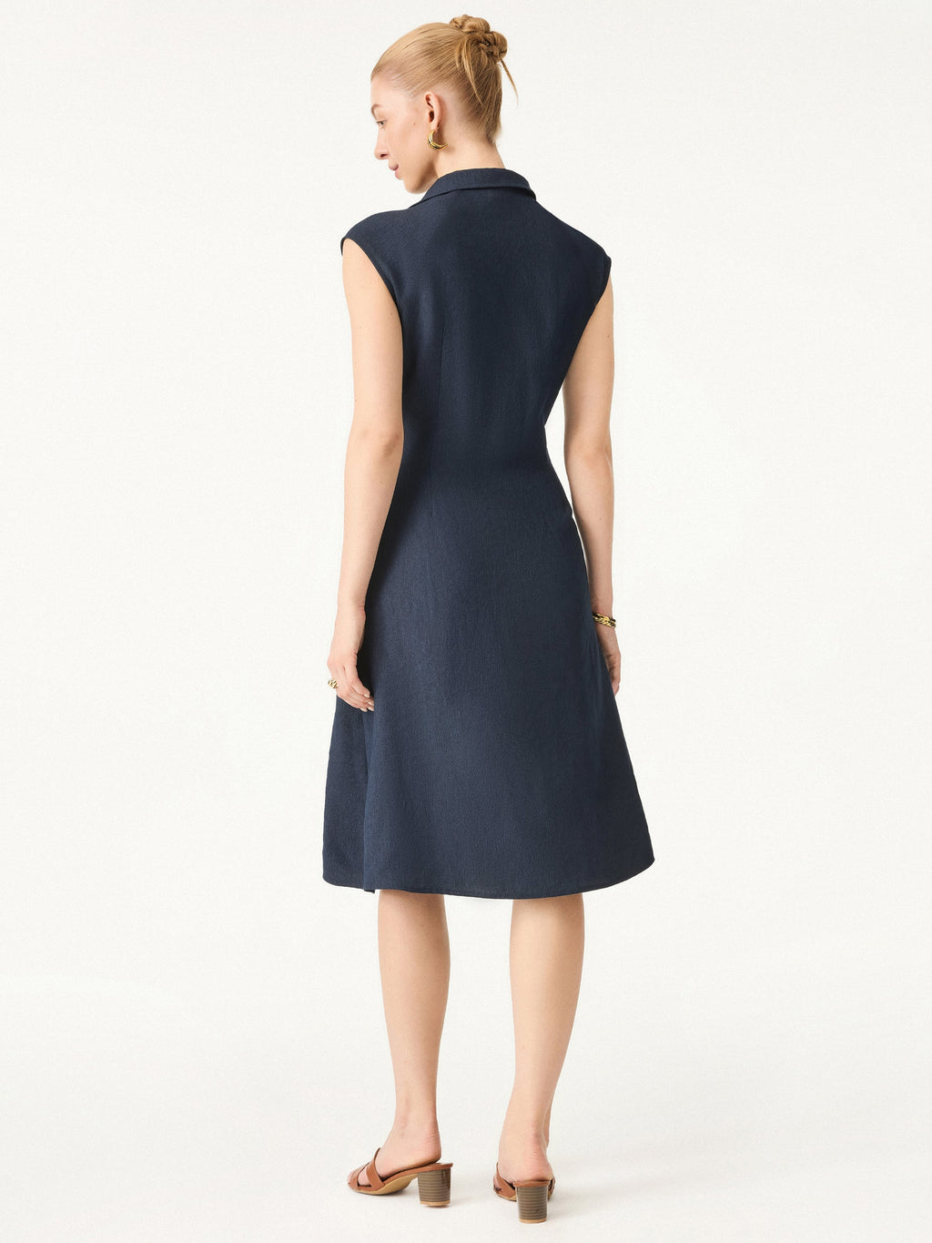 OGLmove Women's Viscose-Linen Collared V-Neck Midi Dress with Drawstring