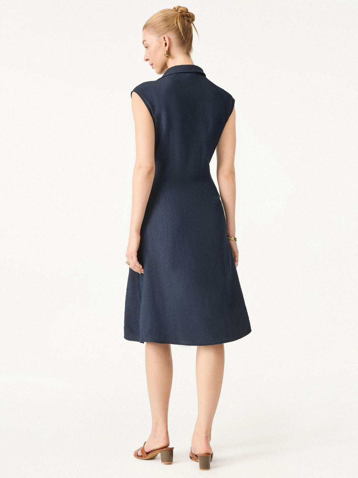 OGLmove Women's Viscose-Linen Collared V-Neck Midi Dress with Drawstring