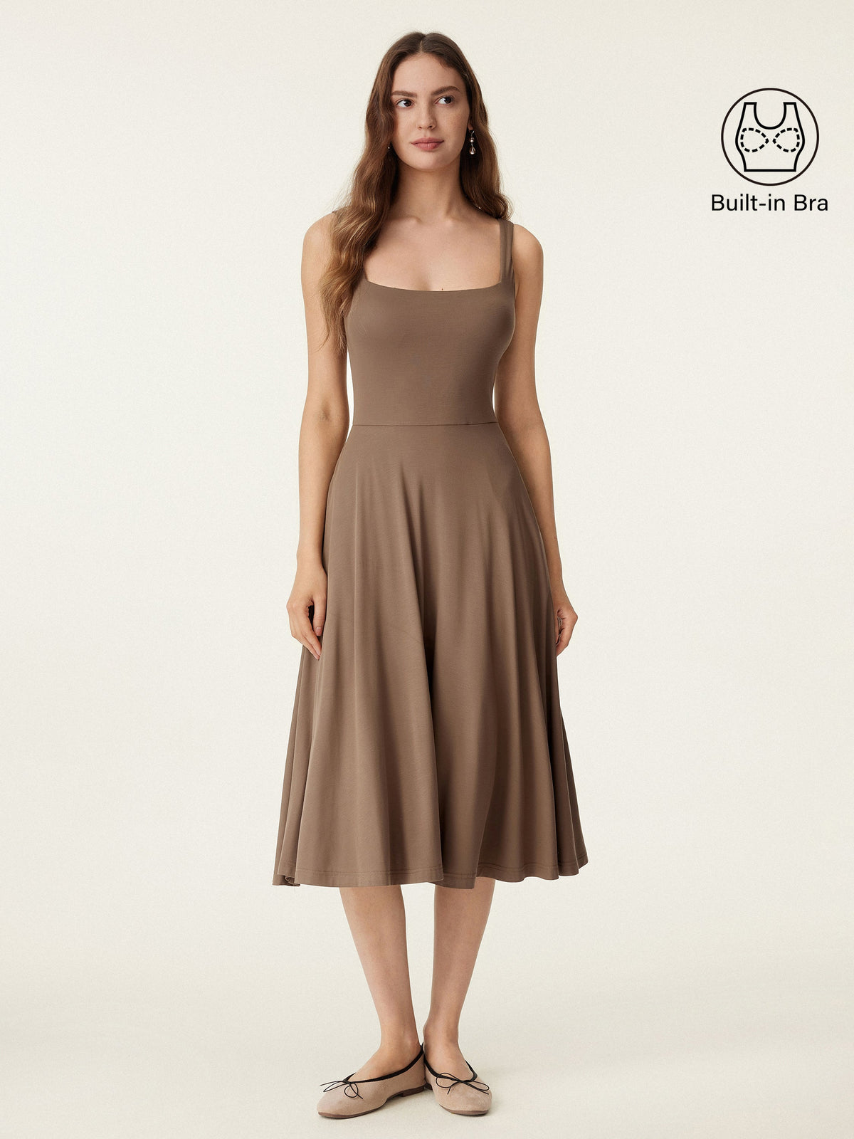 OGLmove Women's Square Neck Flowy New Airy Bra Midi Dress