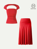 OGLmove Women's Square Neck Cutout Back Bra Top & A-Line Midi Skirt Set