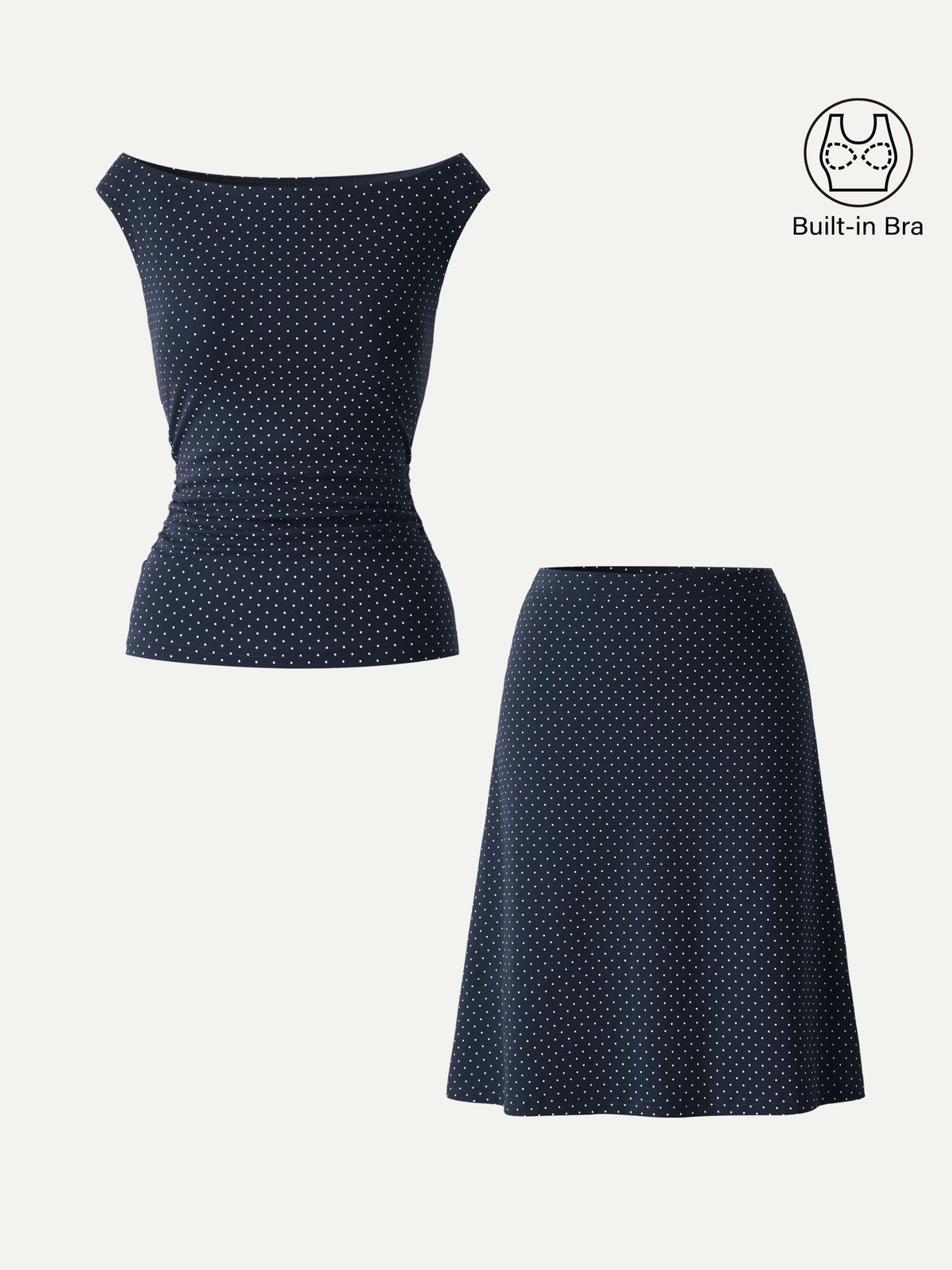 OGLmove Women's Polka Dot Boatneck Bra Top & A-Line Flare Skirt Set
