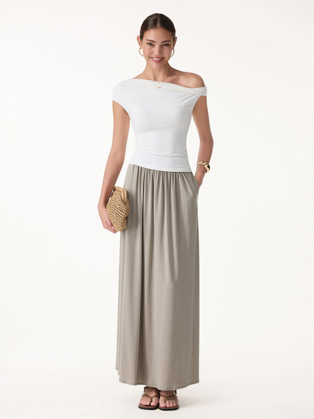 OGLmove Linen Knit Gathered A-Line Maxi Skirt