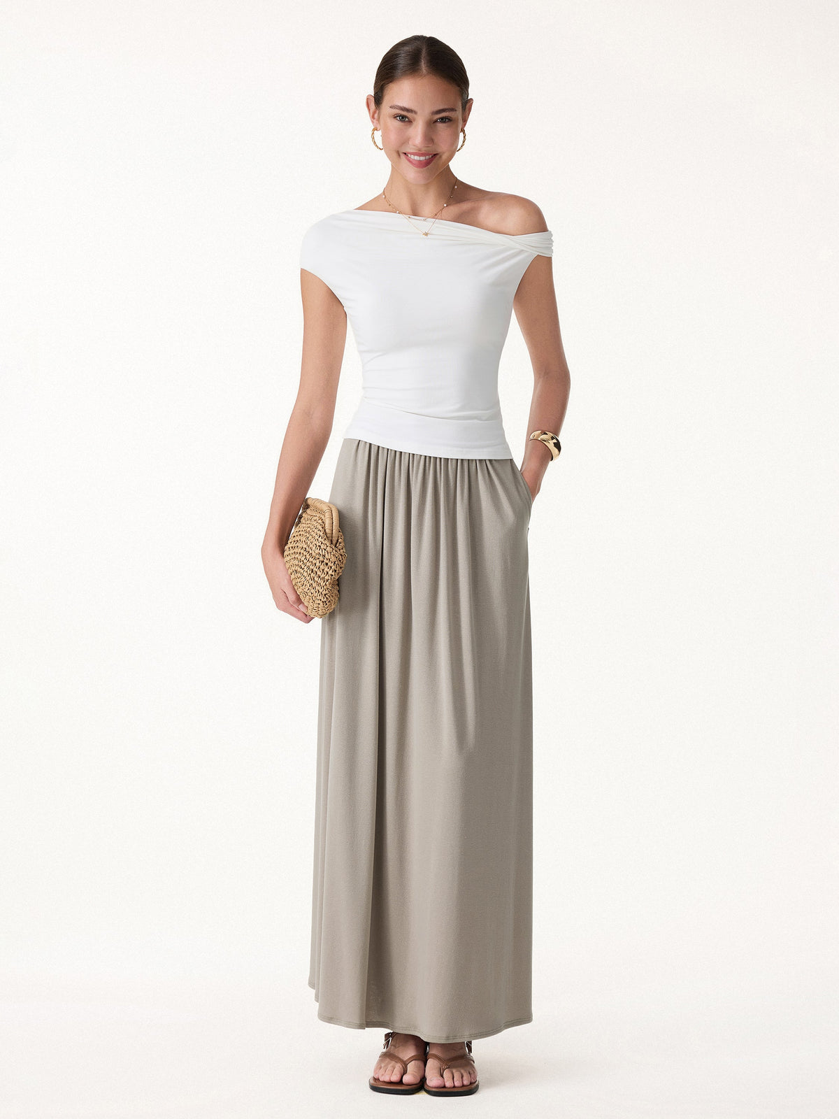 OGLmove Linen Knit Gathered A-Line Maxi Skirt