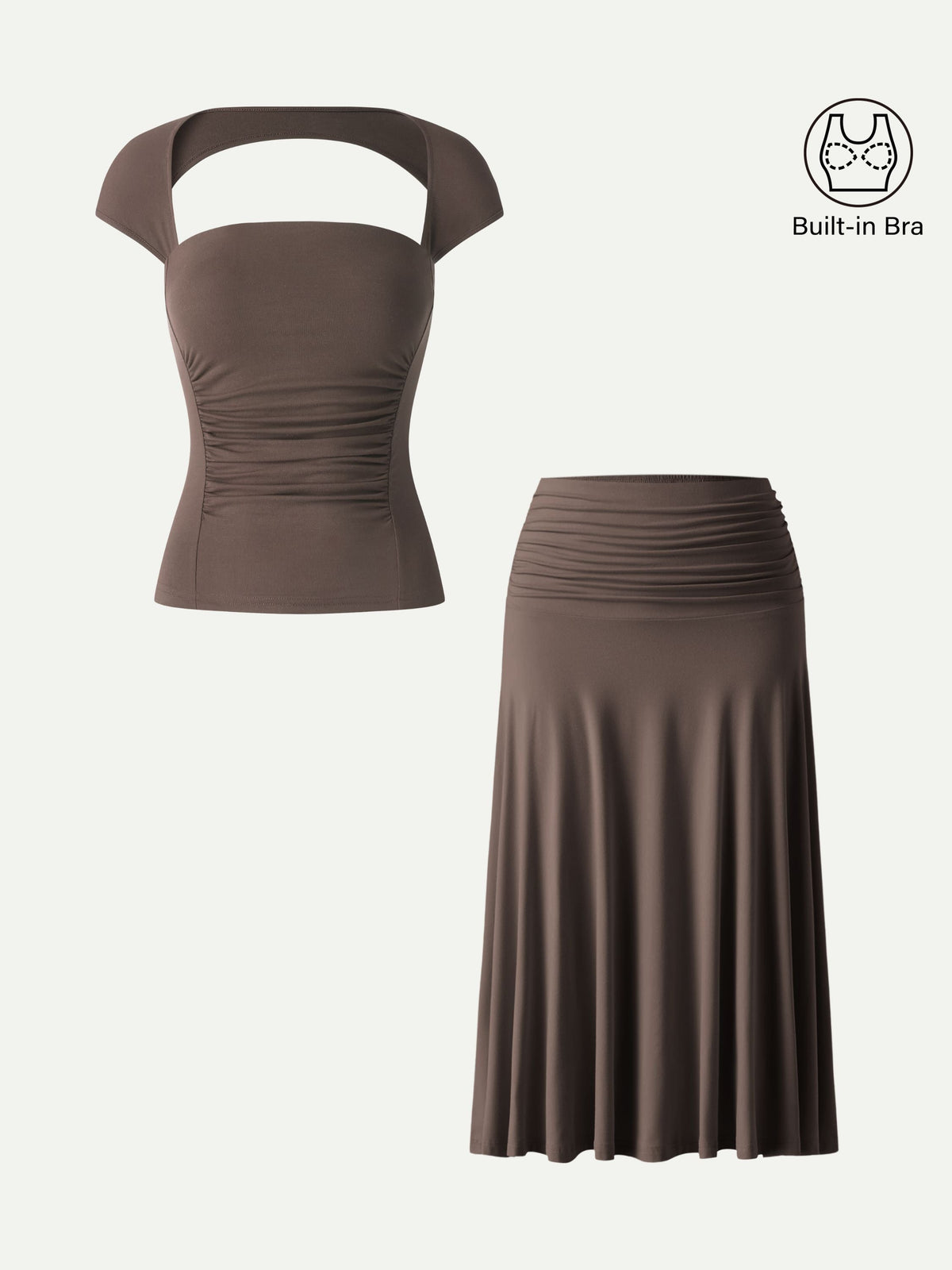 OGLmove Women's Square Neck Cutout Back Bra Top & A-Line Midi Skirt Set