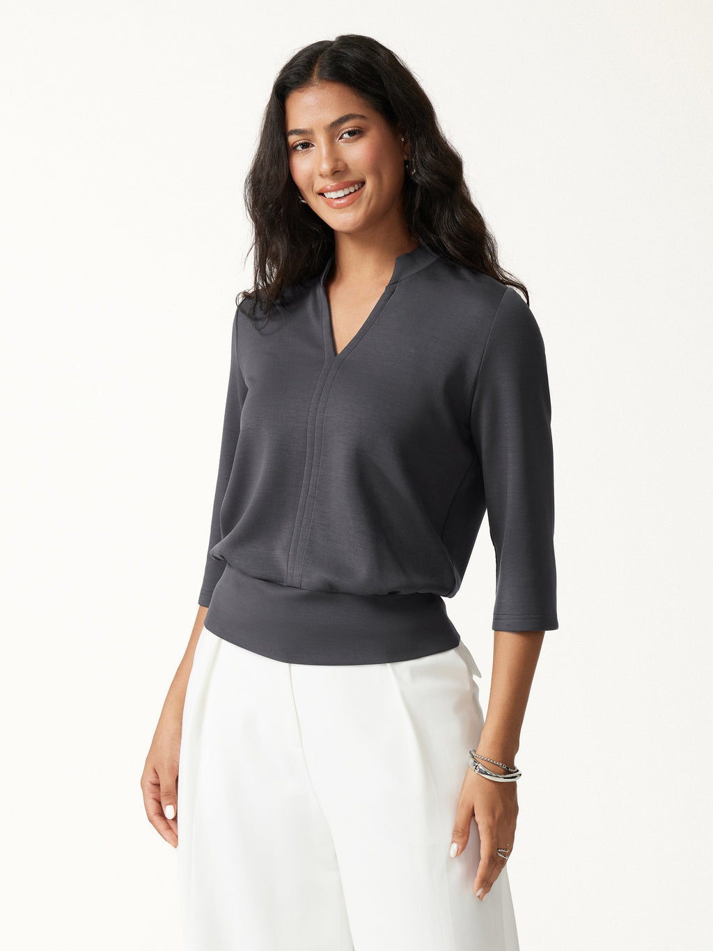OGLmove Women's Lyocell Spacer Knit V-Neck Elbow Sleeve Banded Hem Top