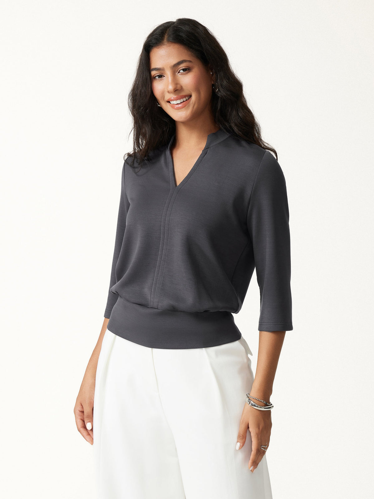 OGLmove Women's Lyocell Spacer Knit V-Neck Elbow Sleeve Banded Hem Top