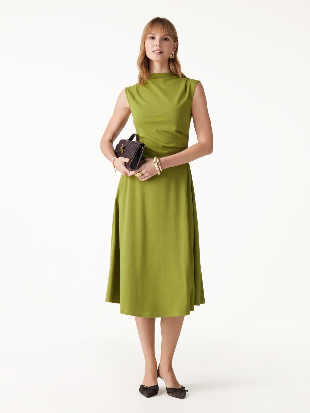 OGLmove Women's Viscose-Cotton Mock Neck Sleeveless Tucked Midi Dress