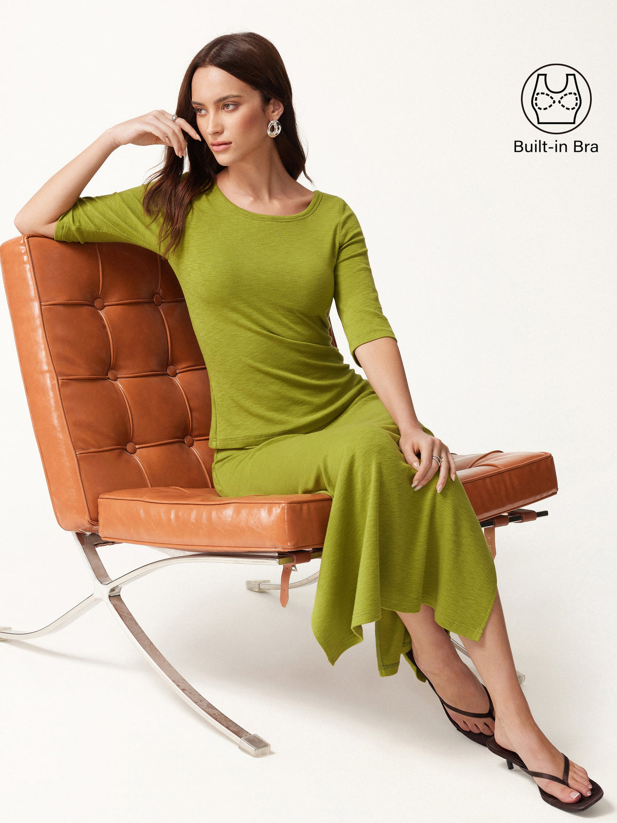 OGLmove Women's Round Neck Elbow Sleeve Bra Top & Side-Slit A-Line Midi Skirt Set