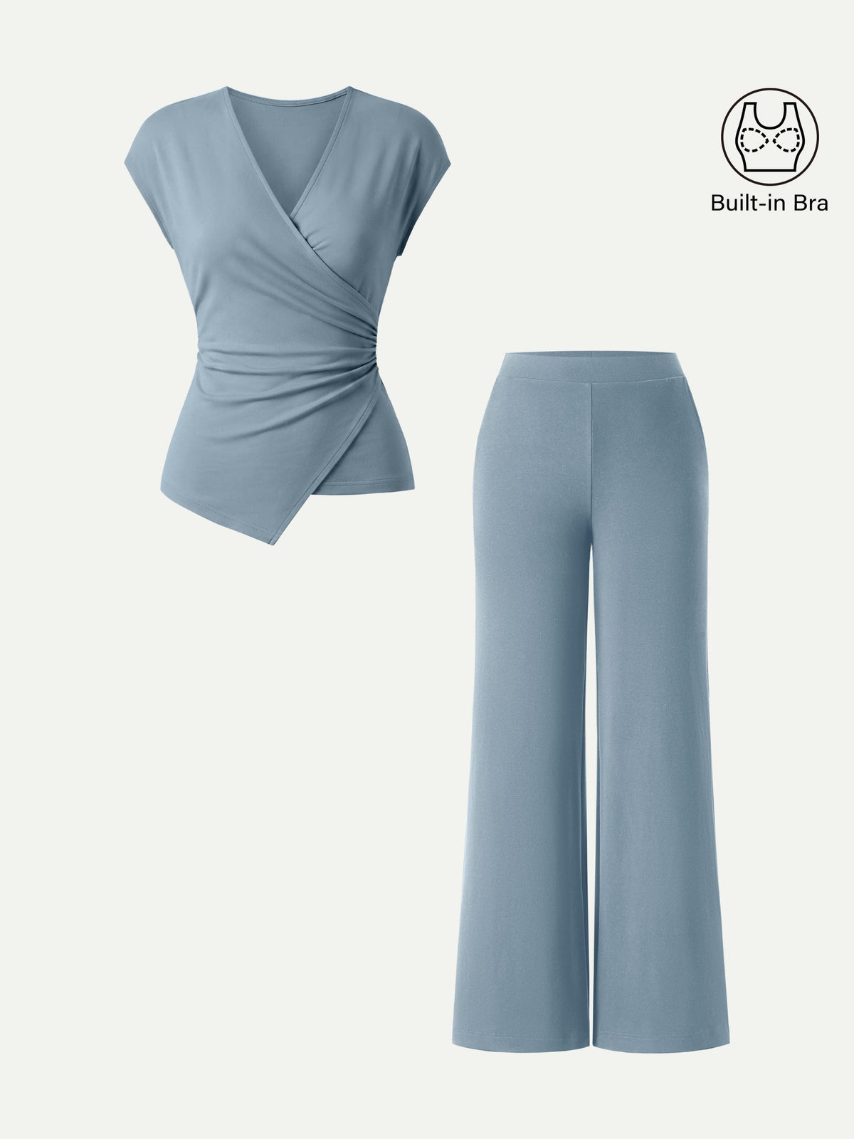 OGLmove Women's Lyocell-Wool Surplice Cap Sleeve Top & Mid-Rise Wide Leg Pants Set with Pockets