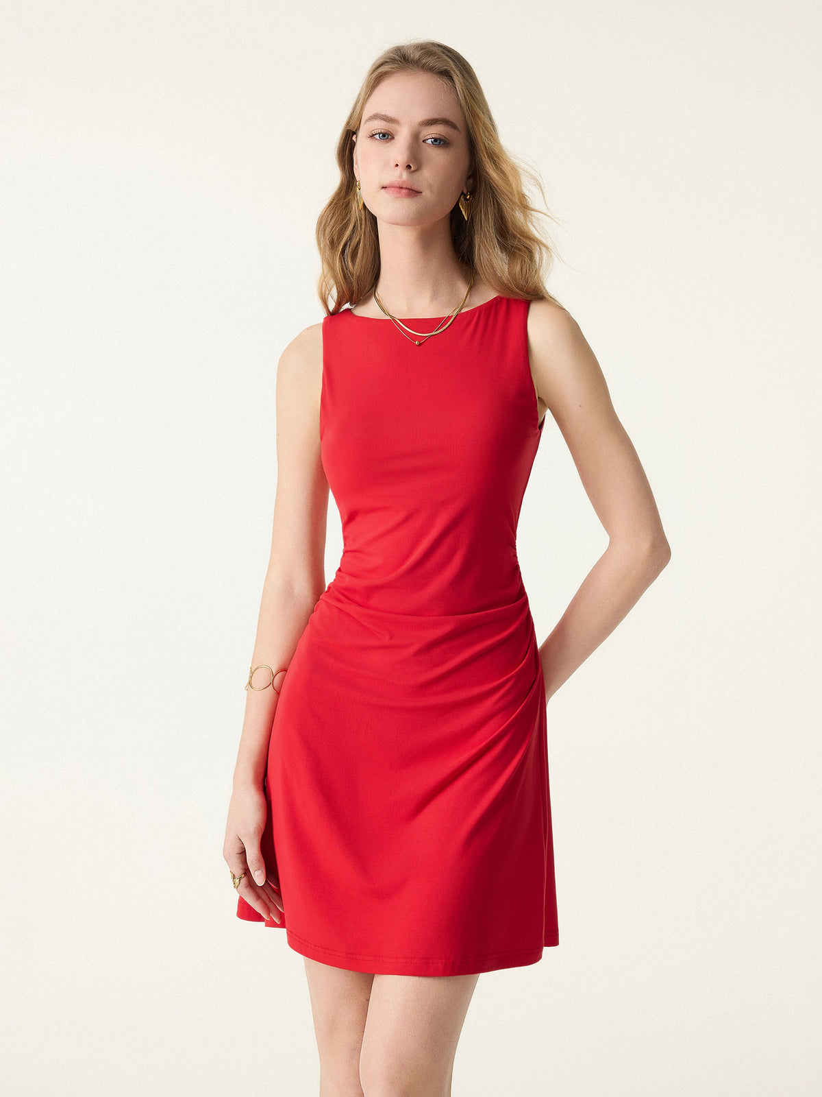 OGLmove Women's SkinKiss Boatneck Ruched A-Line Mini Bra Dress