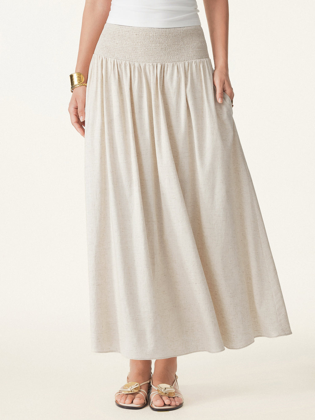 OGLmove Women's European Linen Smocked Waist Midi Skirt with Pockets