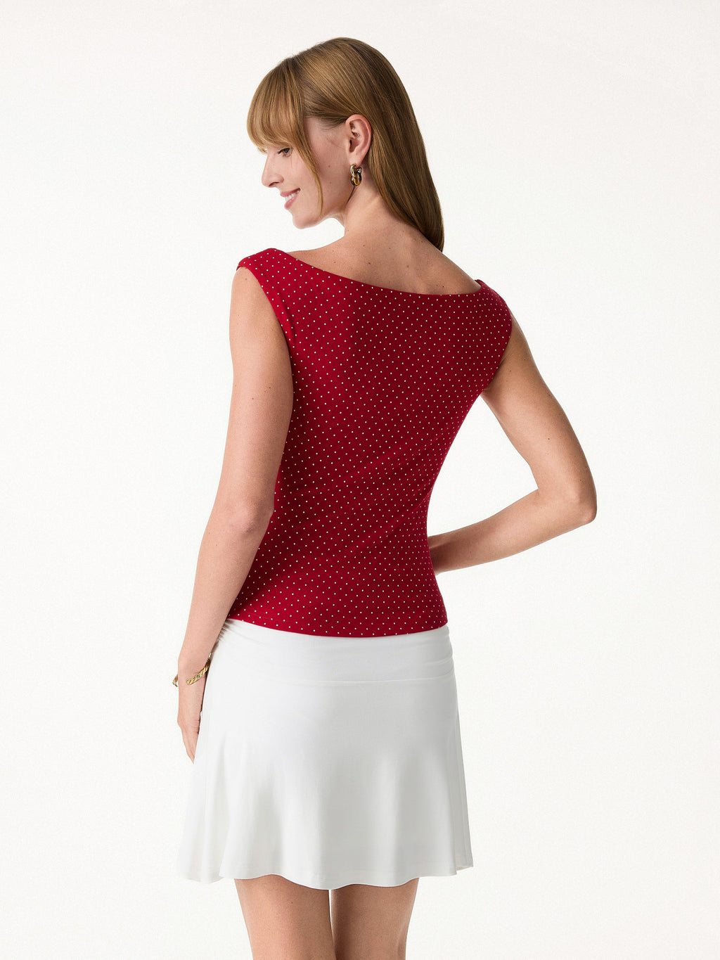 OGLmove Women's Polka Dot Boatneck Bra Top & A-Line Flare Skirt Set