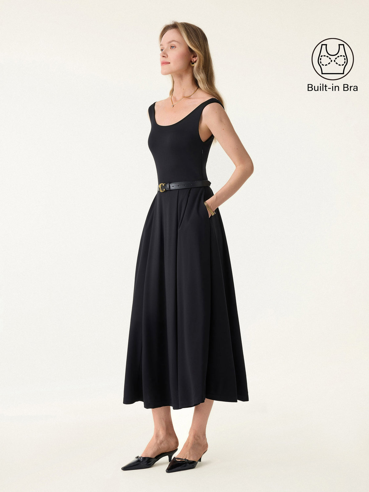 OGLmove Women's Balletic Scoop Neck Midi Bra Dress with Pockets