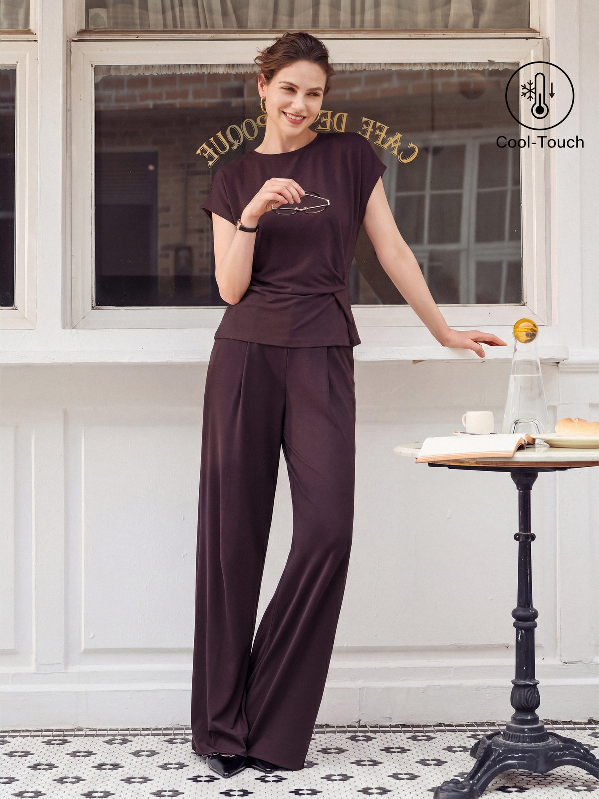 OGLmove Women's Round Neck Cap Sleeve Top & High Rise Wide Leg Pants Set