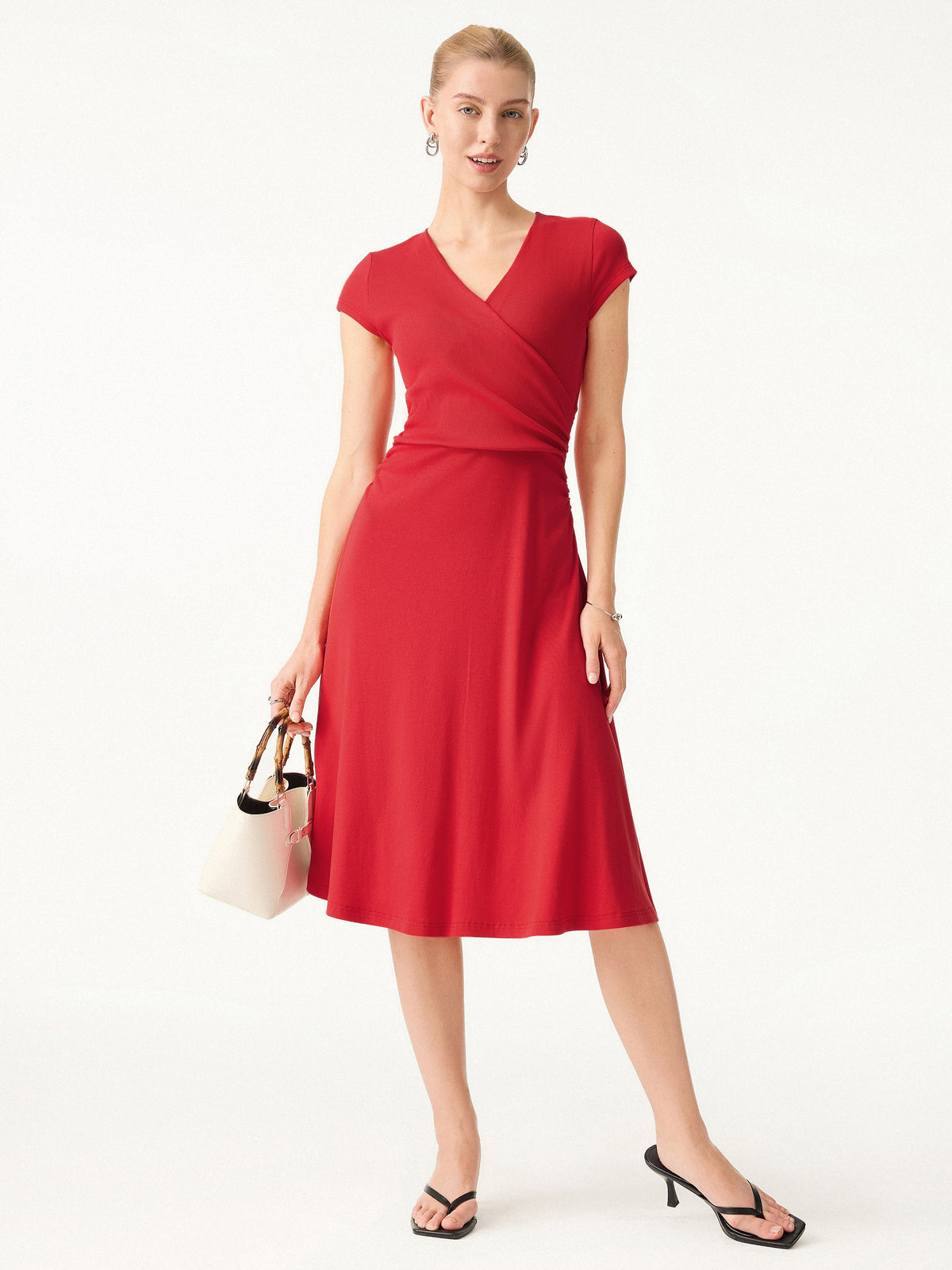 OGLmove Women's Stretch Cotton Surplice V-Neck Cap Sleeve Midi Dress