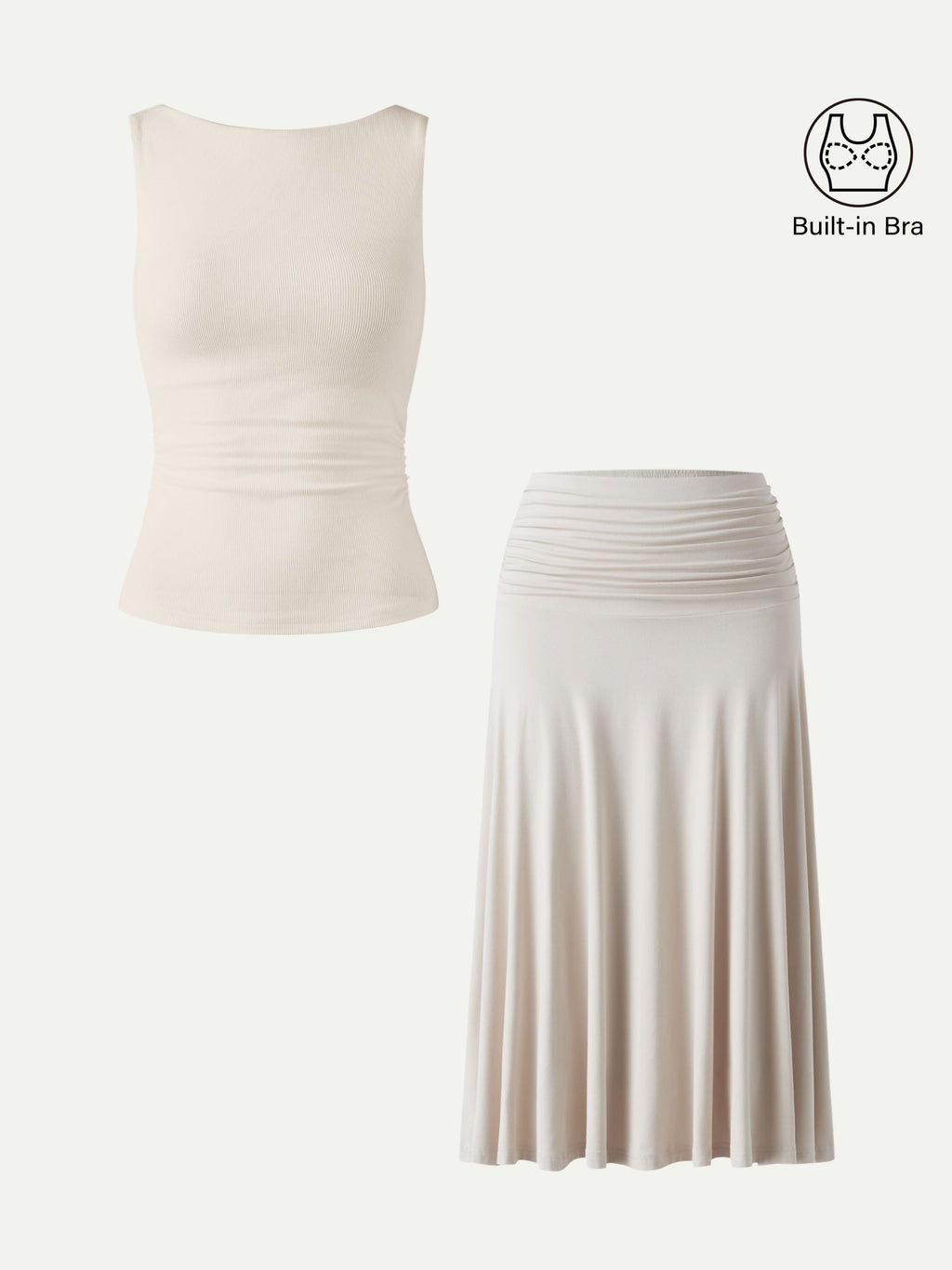 OGLmove Women's Open Back Bra Tank & Side Ruched A-line Midi Skirt Set