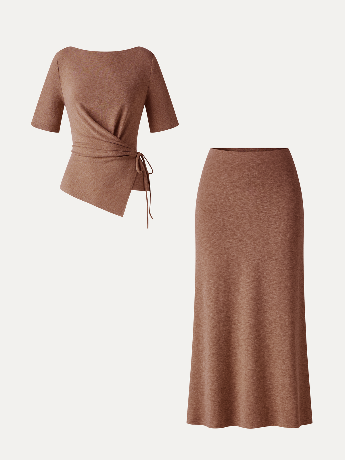 OGLmove Women's Short Sleeve Tie-Side Top & Side-Slit A-Line Midi Skirt Set