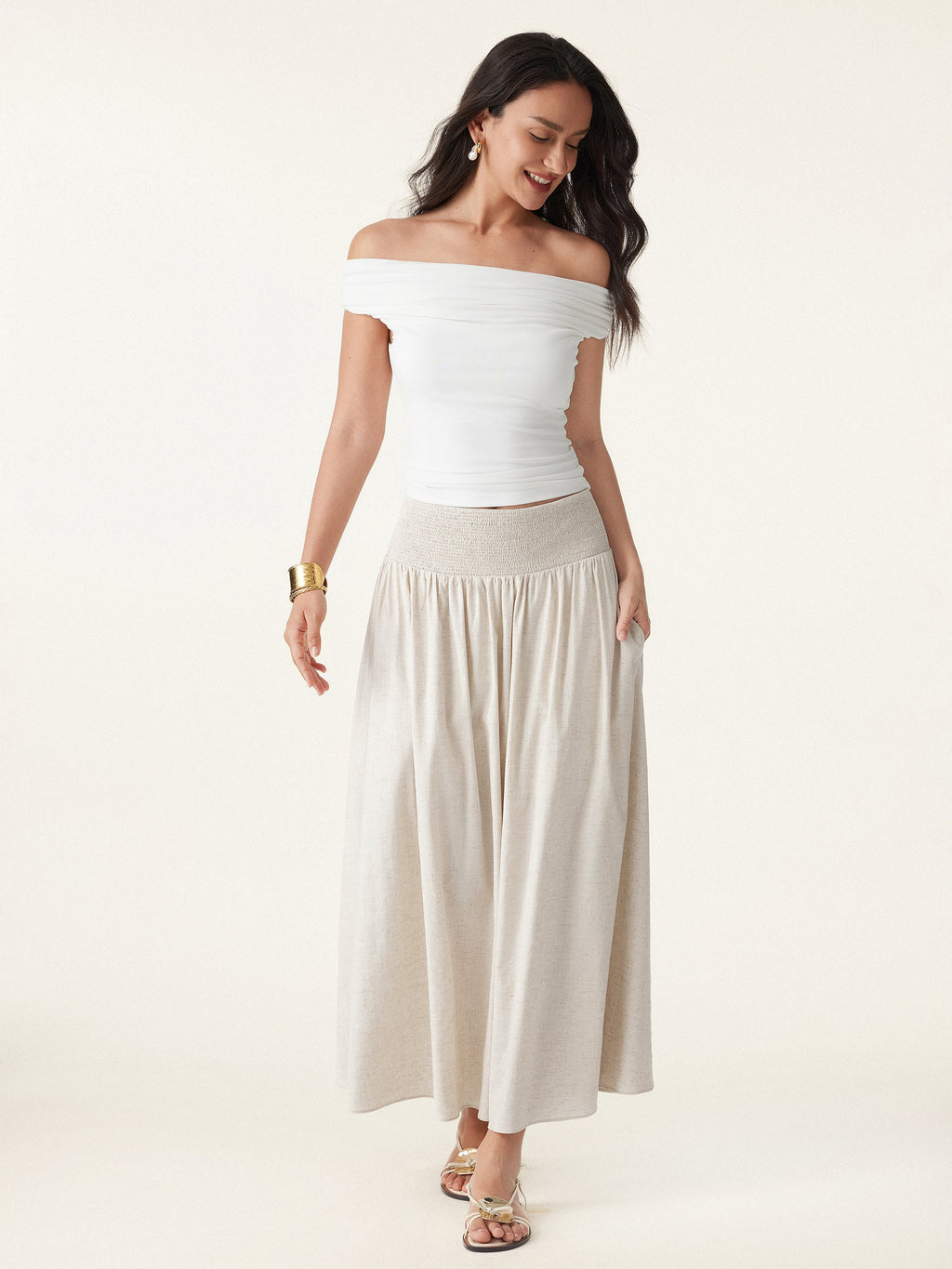 OGLmove Women's European Linen Smocked Waist Midi Skirt with Pockets
