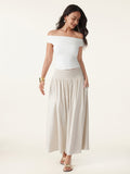 OGLmove Women's European Linen Smocked Waist Midi Skirt with Pockets
