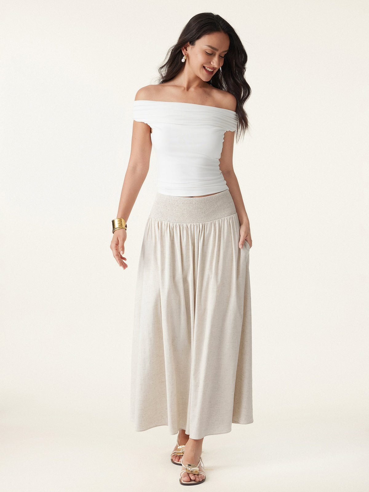 OGLmove Women's European Linen Smocked Waist Midi Skirt with Pockets