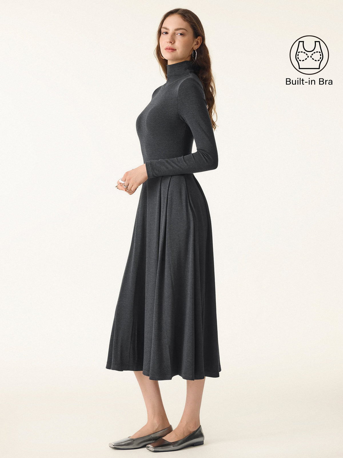OGLmove Women's Light Warm Mockneck Pleated Midi Bra Dress with Pockets
