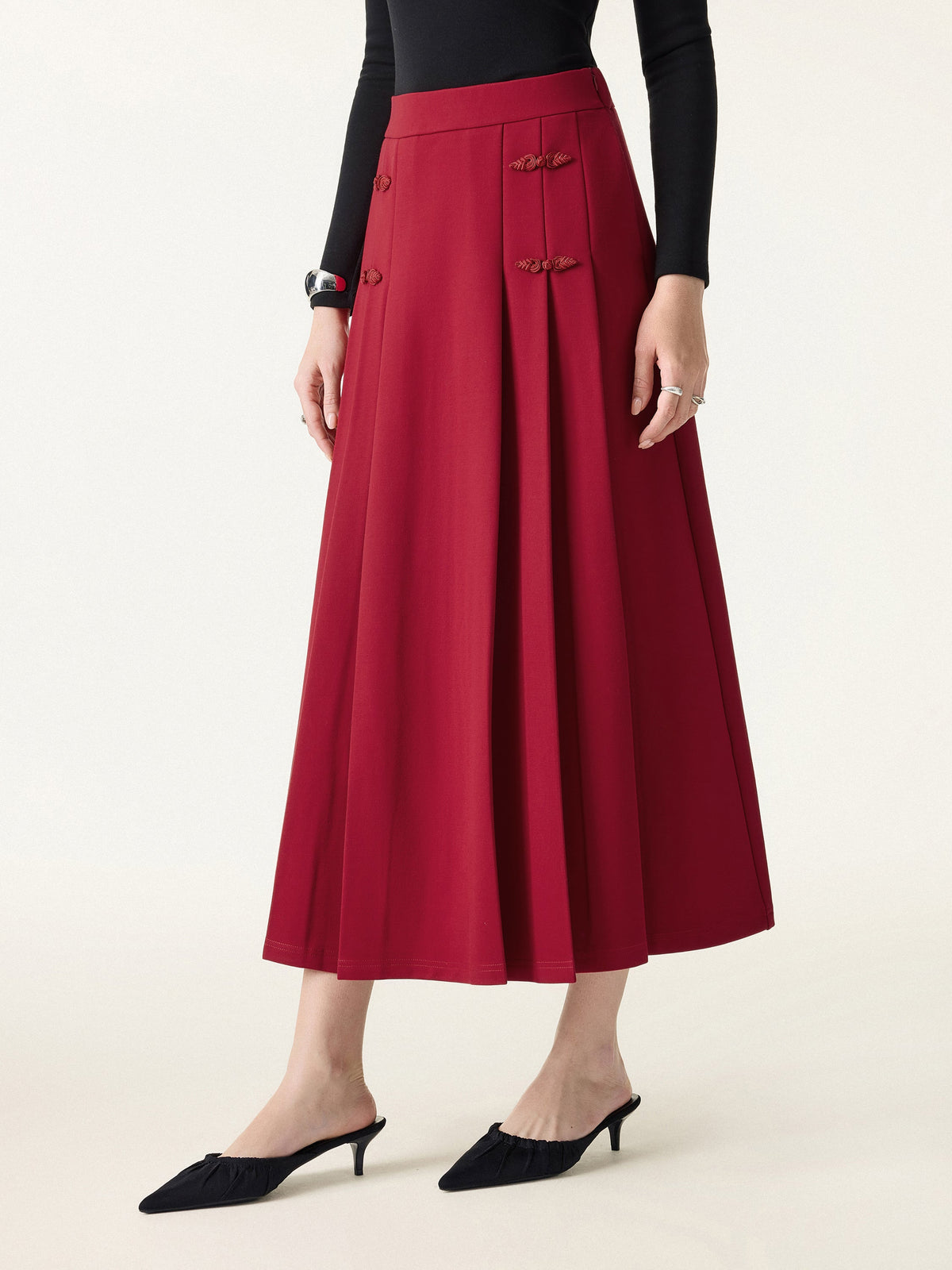 OGLmove Women's Pleated Frog Button Decor Midi A-Line Skirt