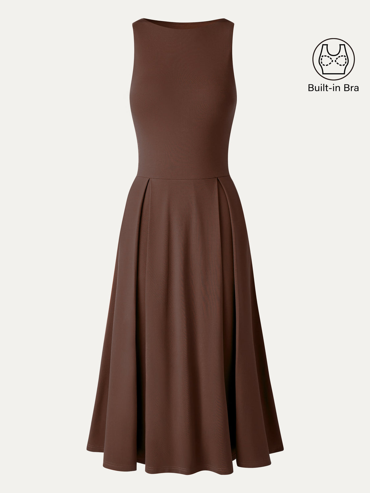 OGLmove Women's Boatneck Pleated Fit-and-Flare Midi Bra Dress with Pockets