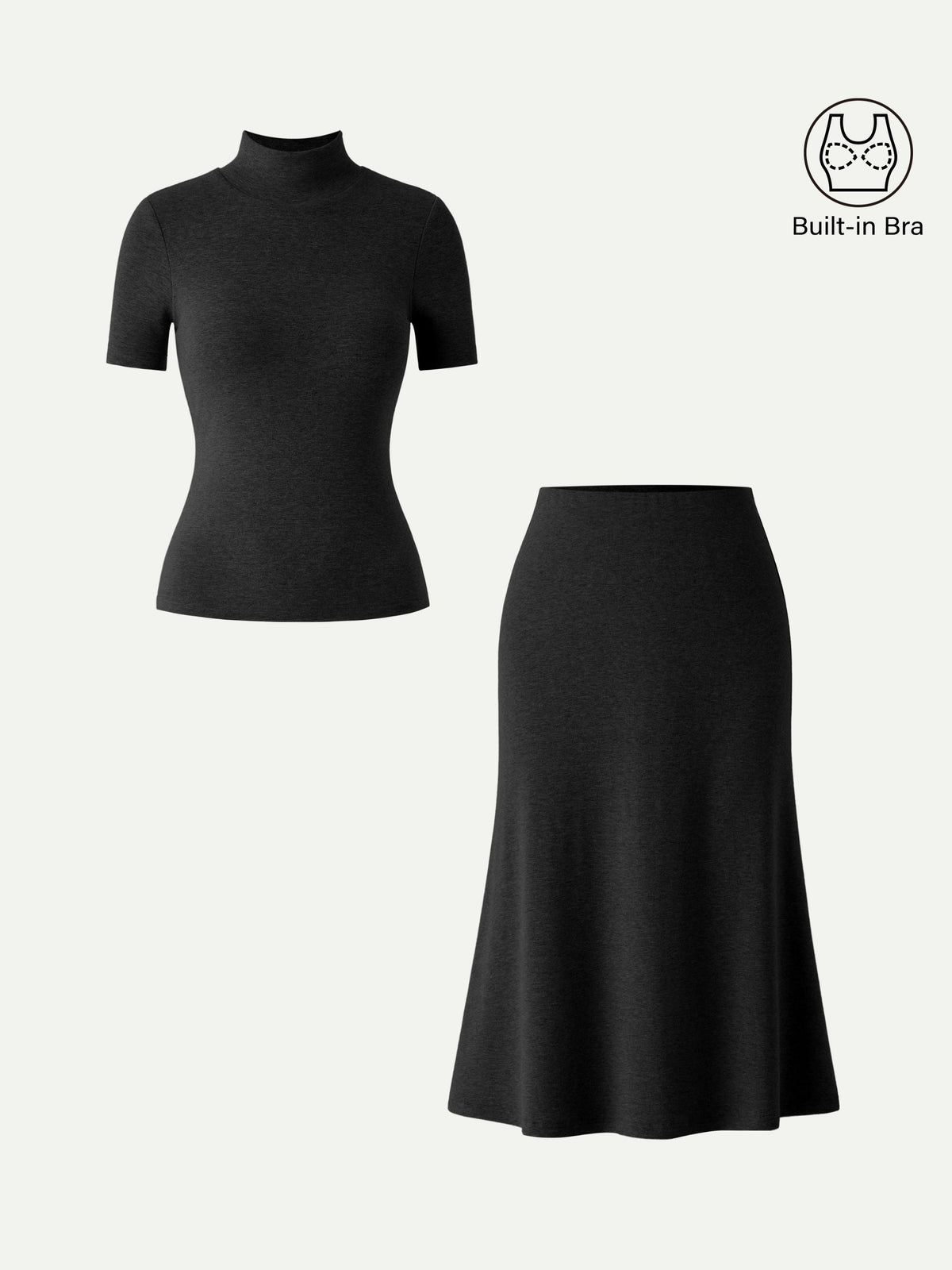 OGLmove Women's Mockneck Short Sleeve Bra Top & Pull-On Midi Skirt Set