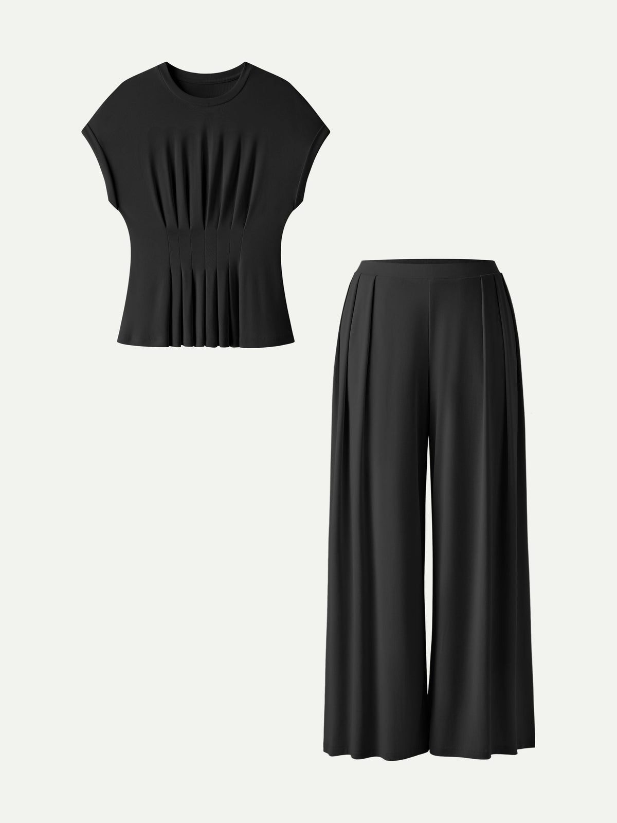 OGLmove Women's Round Neck Short Sleeve Tee & Wide Leg Pants Set with Pockets