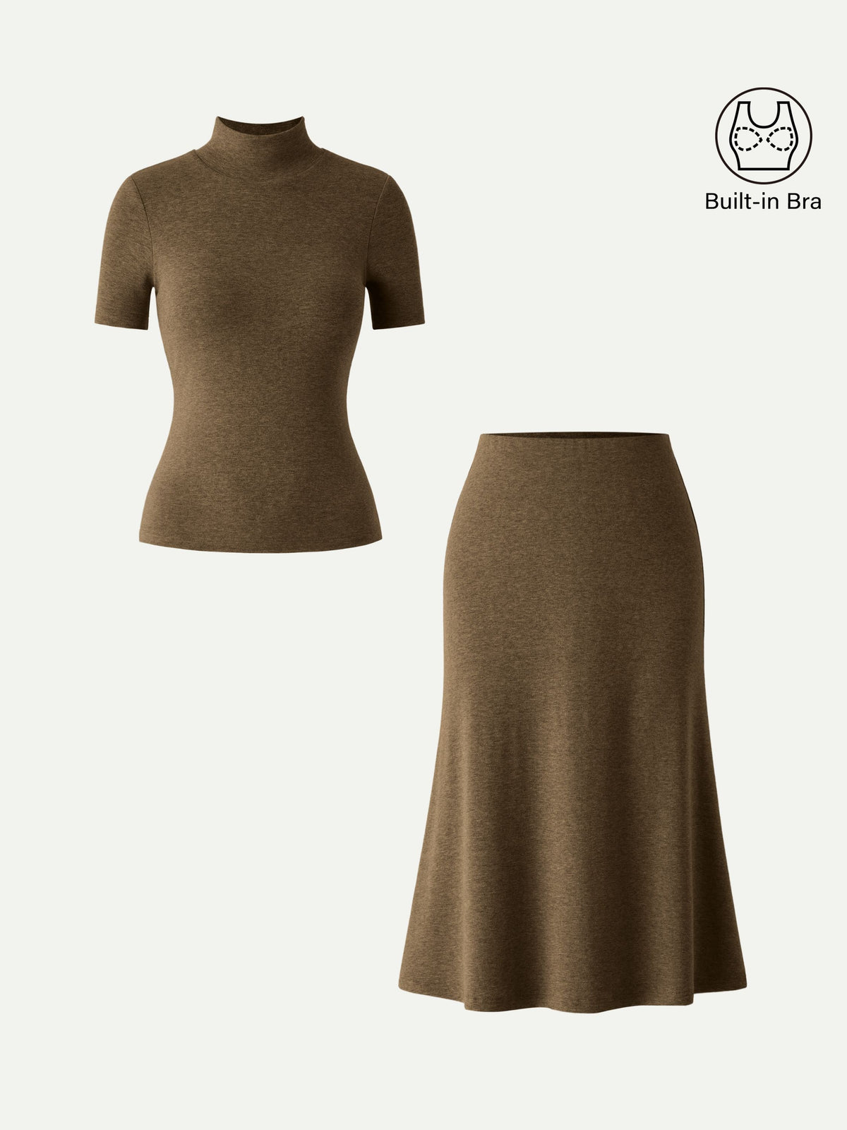 OGLmove Women's Mockneck Short Sleeve Bra Top & Pull-On Midi Skirt Set