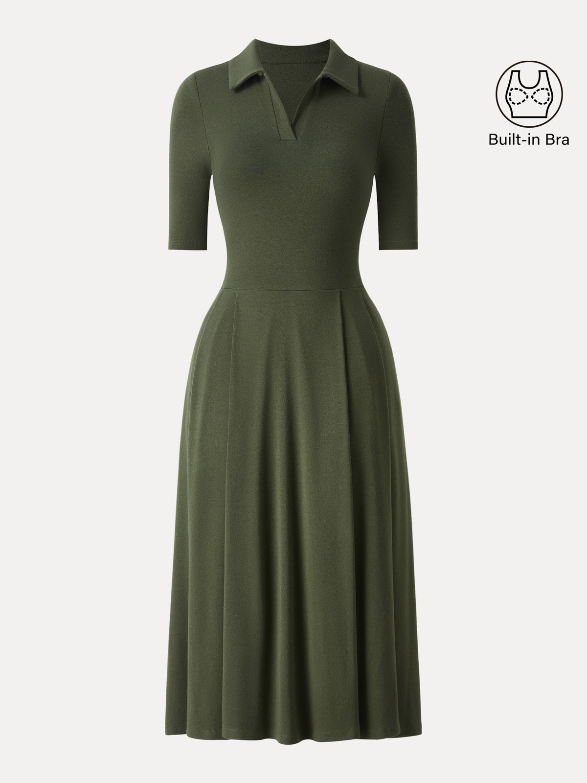 OGLmove Women's Polo Neck Elbow Length Sleeve Midi Bra Dress with Pockets