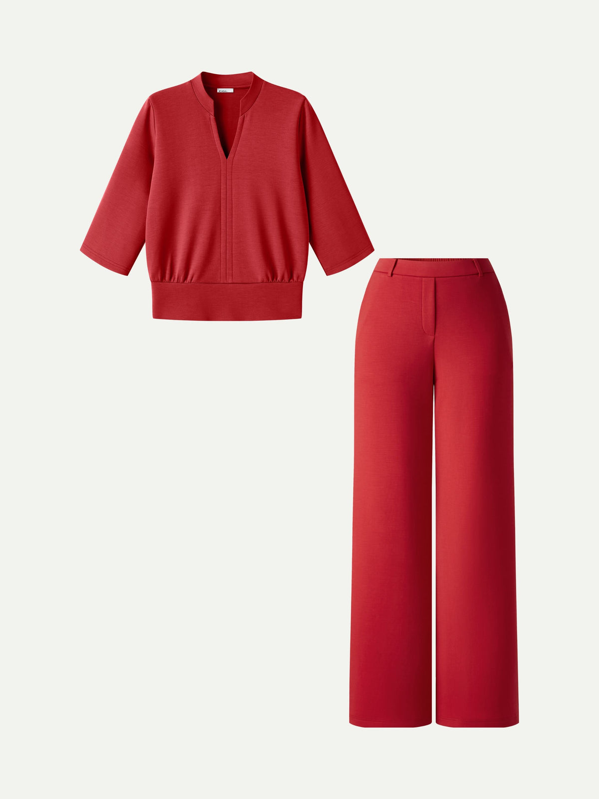 OGLmove Women's V-Neck Elbow Sleeve Top & High-Rise Wide Leg Pants Set with Pockets